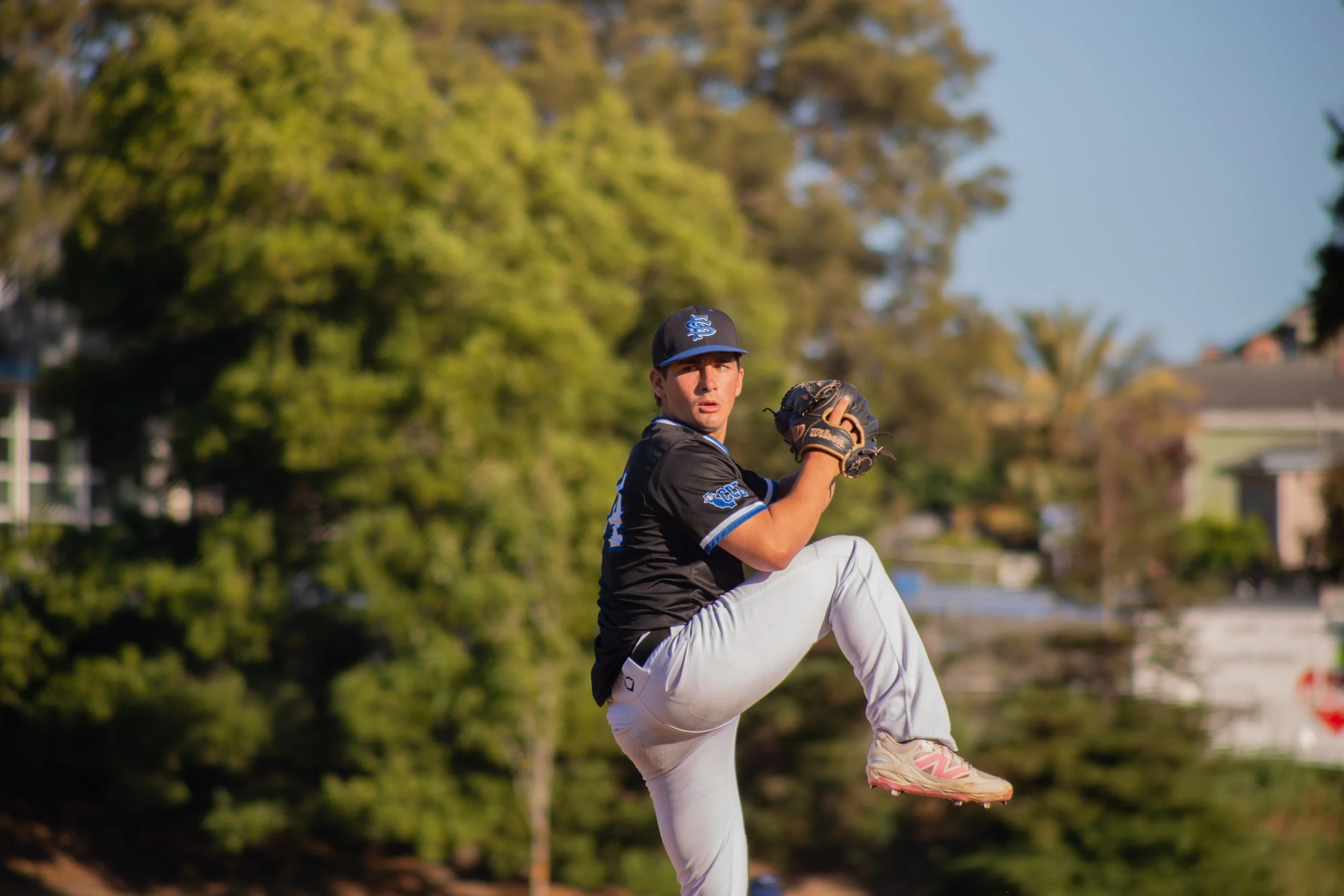 A baseball pitcher in mid-pitch on a field with green trees and a house in the background, wearing a black and blue uniform, white pants, and a cap.