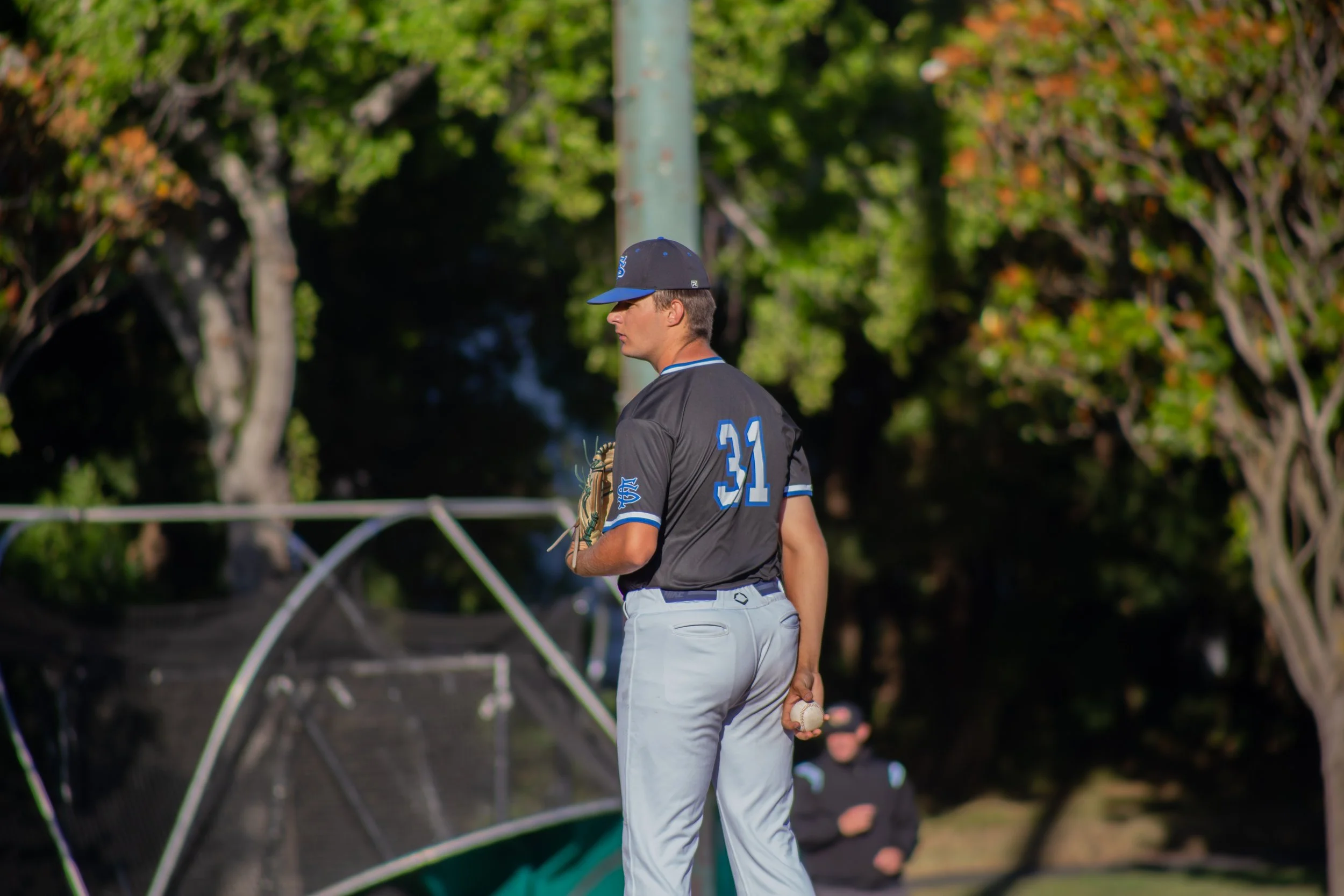 A young male baseball player in a dark uniform, wearing a cap with the number 31, standing on a field with trees and a utility pole in the background, preparing to throw a baseball.
