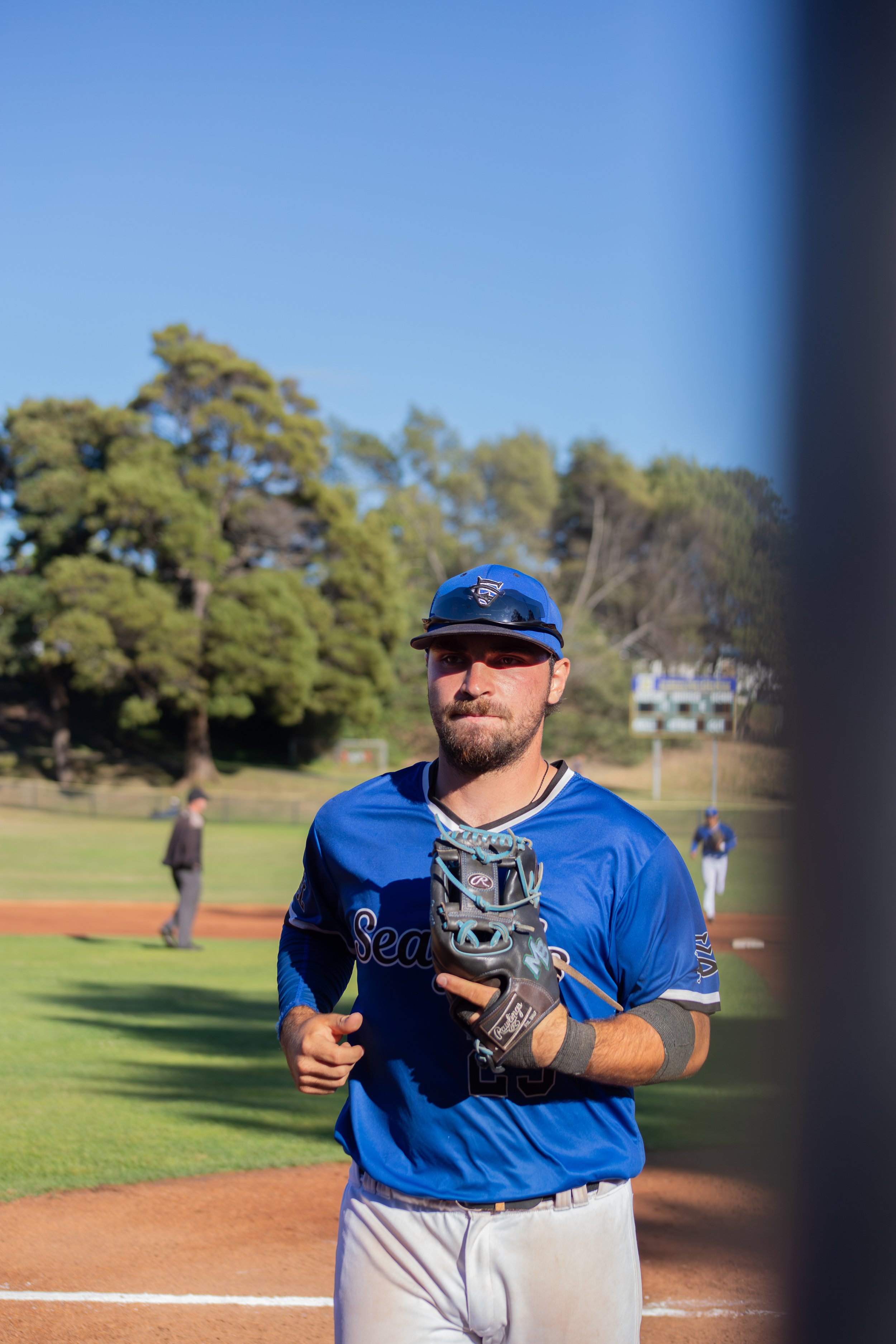 A baseball player wearing a blue jersey, white pants, gray gloves, and a helmet stands on a baseball field holding a baseball glove, with a green outfield, trees, and a scoreboard in the background.