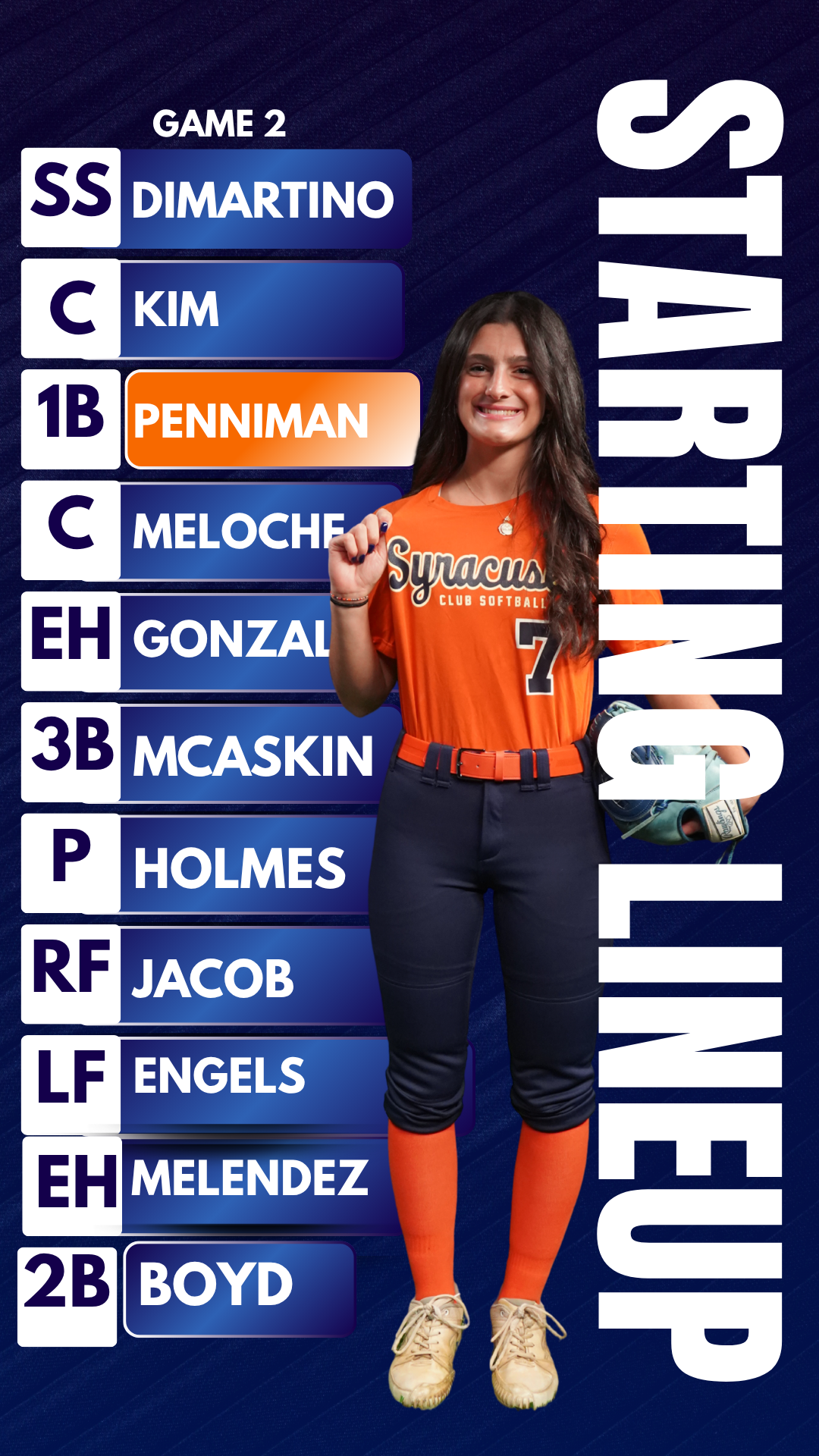 A female softball player wearing an orange jersey, dark pants, and orange socks, smiling and holding a softball glove, standing next to a scoreboard listing team members' names and positions for a game.