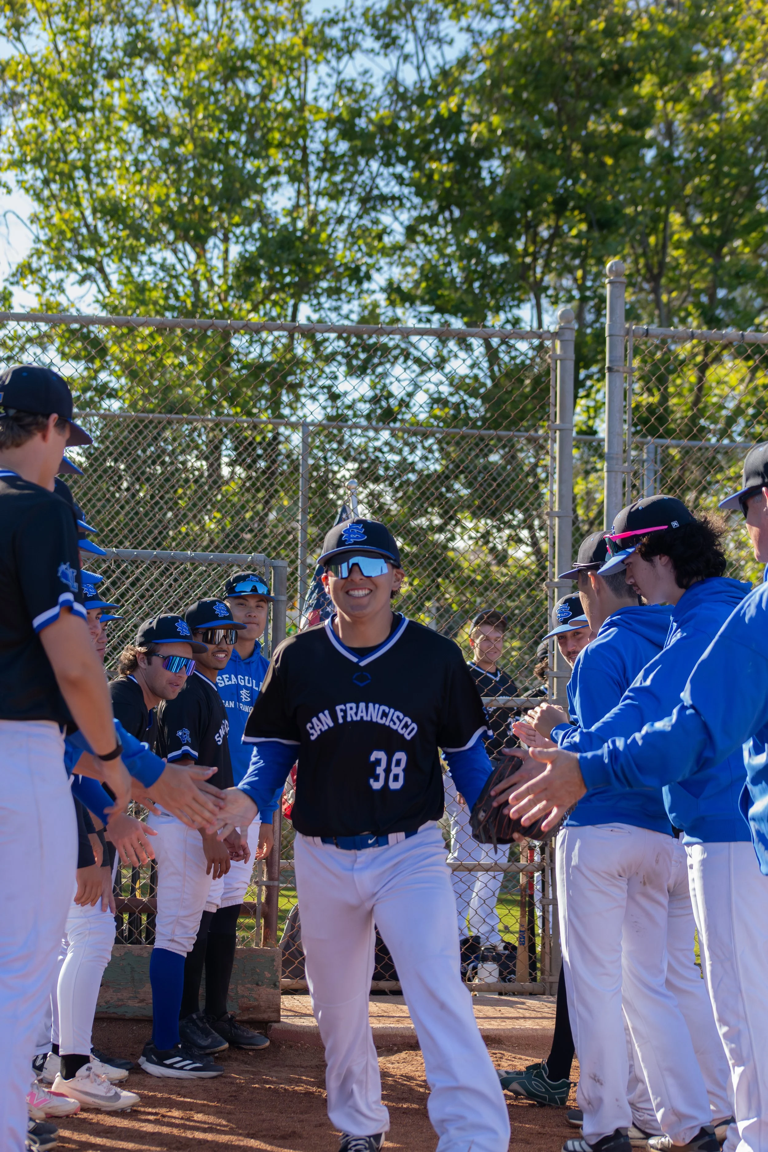 Baseball players in black and blue uniforms greeting each other at the start of a game, standing in front of a chain-link fence with green trees in the background on a sunny day.