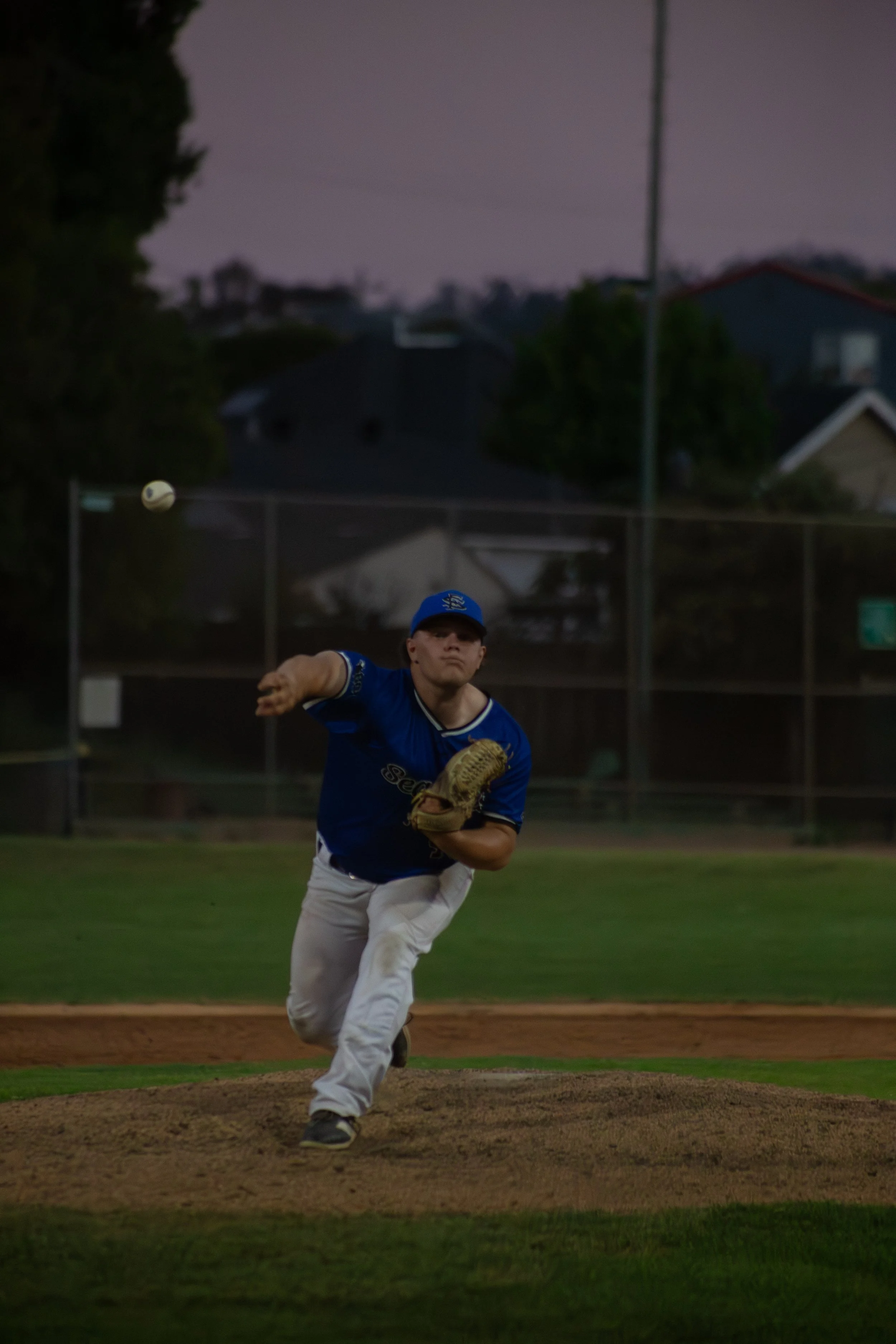 A baseball player in a blue jersey and white pants is pitching on a baseball field during dusk or early evening, with houses and trees in the background.