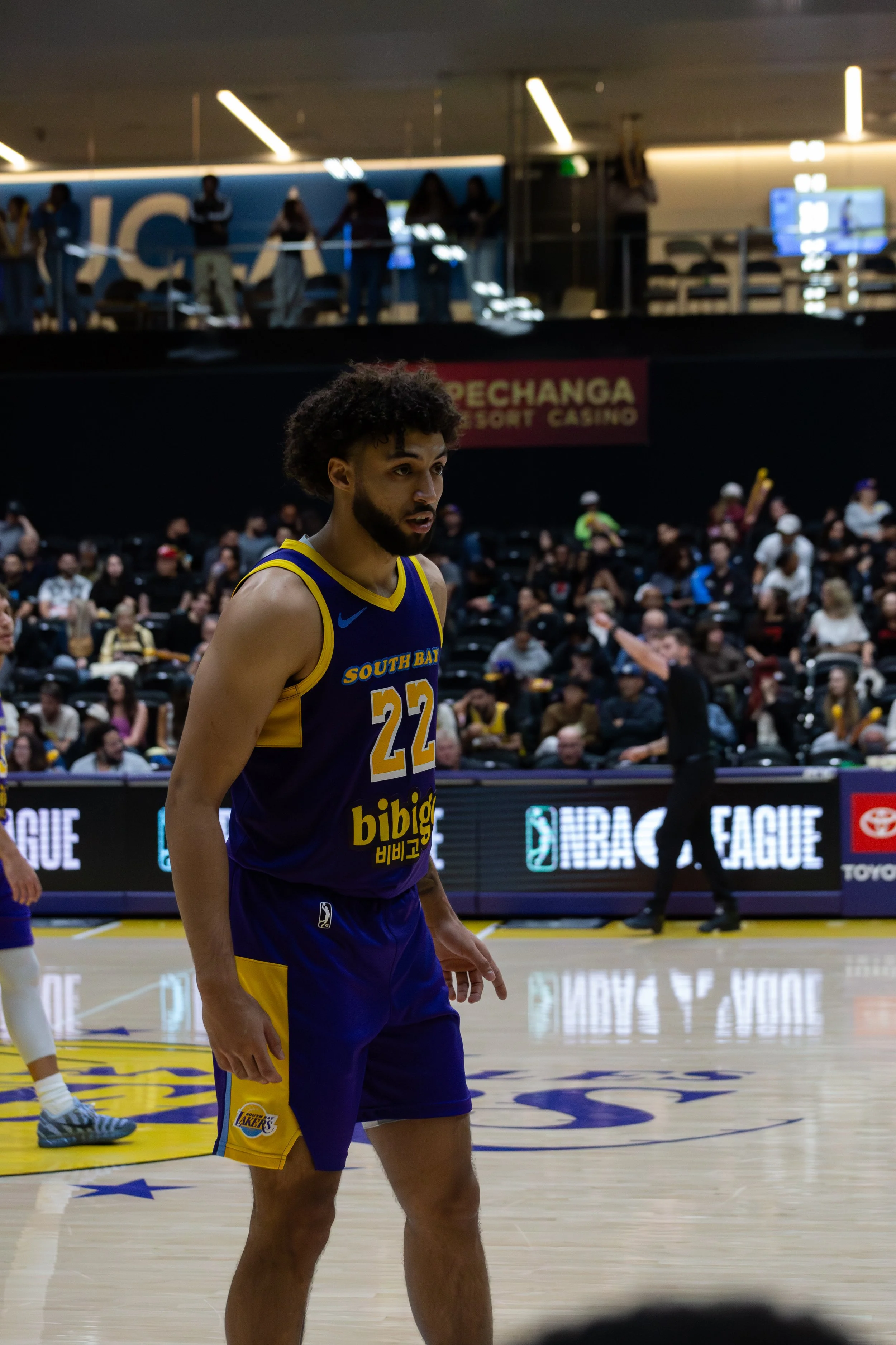 A basketball player from the Los Angeles Lakers on the court during a game, wearing a purple and yellow uniform with the number 22.