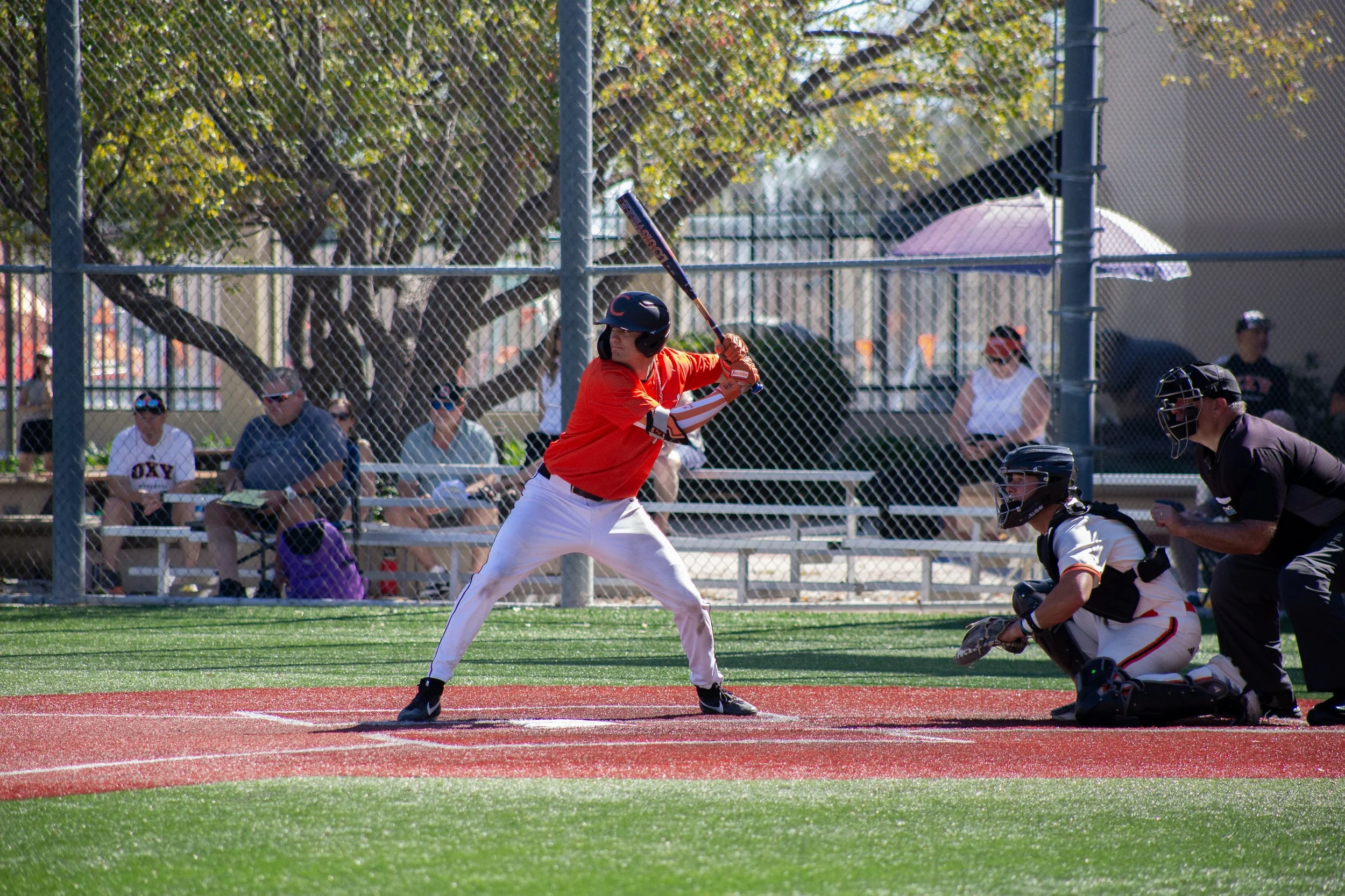 A baseball player from the Chicago Cubs batting during a game, with spectators and a coach on the sidelines, on a sunny day at a baseball field.
