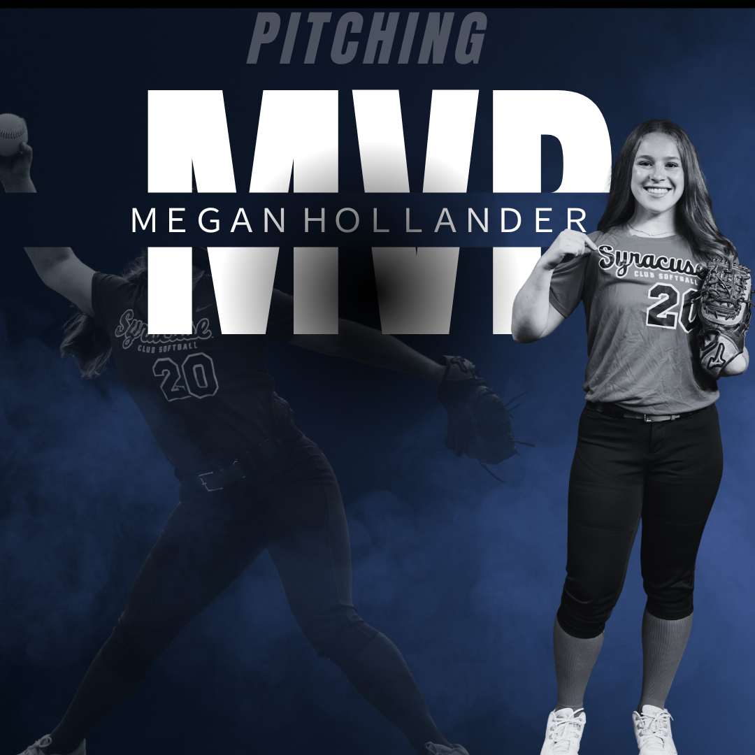 Book cover with a female softball player smiling, holding a glove and wearing a Syracuse softball shirt, with text 'Pitching' and 'Megan Hollander'.