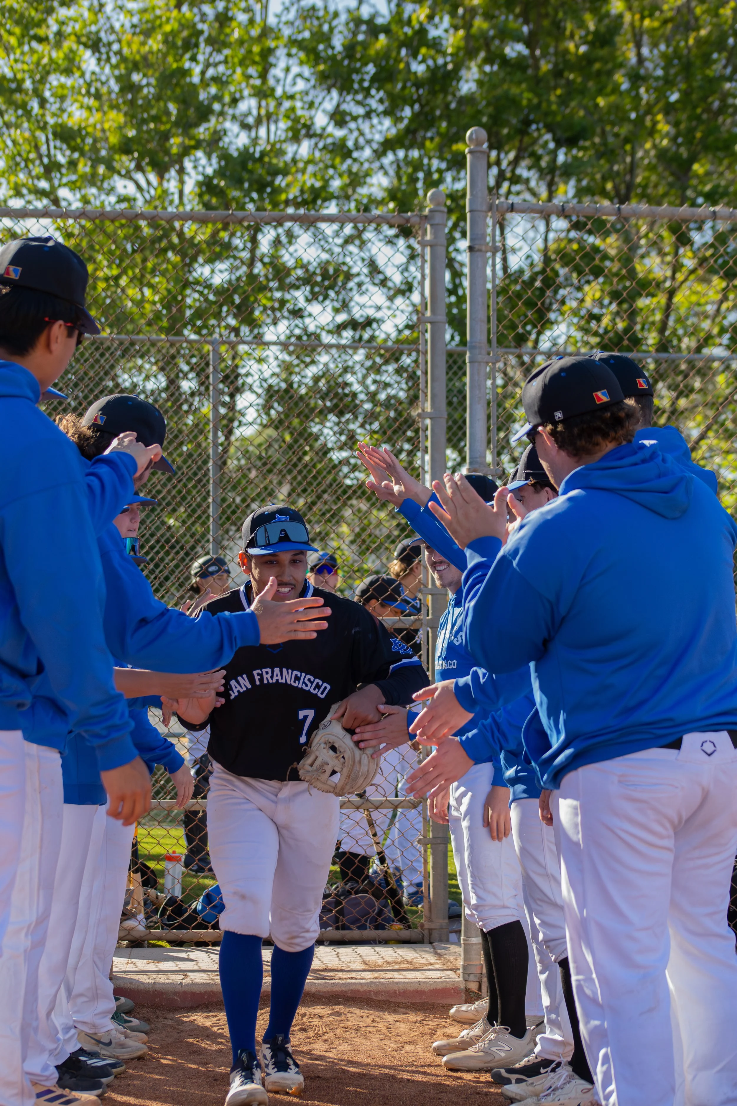 Baseball players in blue and black uniforms high-five in a dugout with a chain-link fence and green trees in the background.