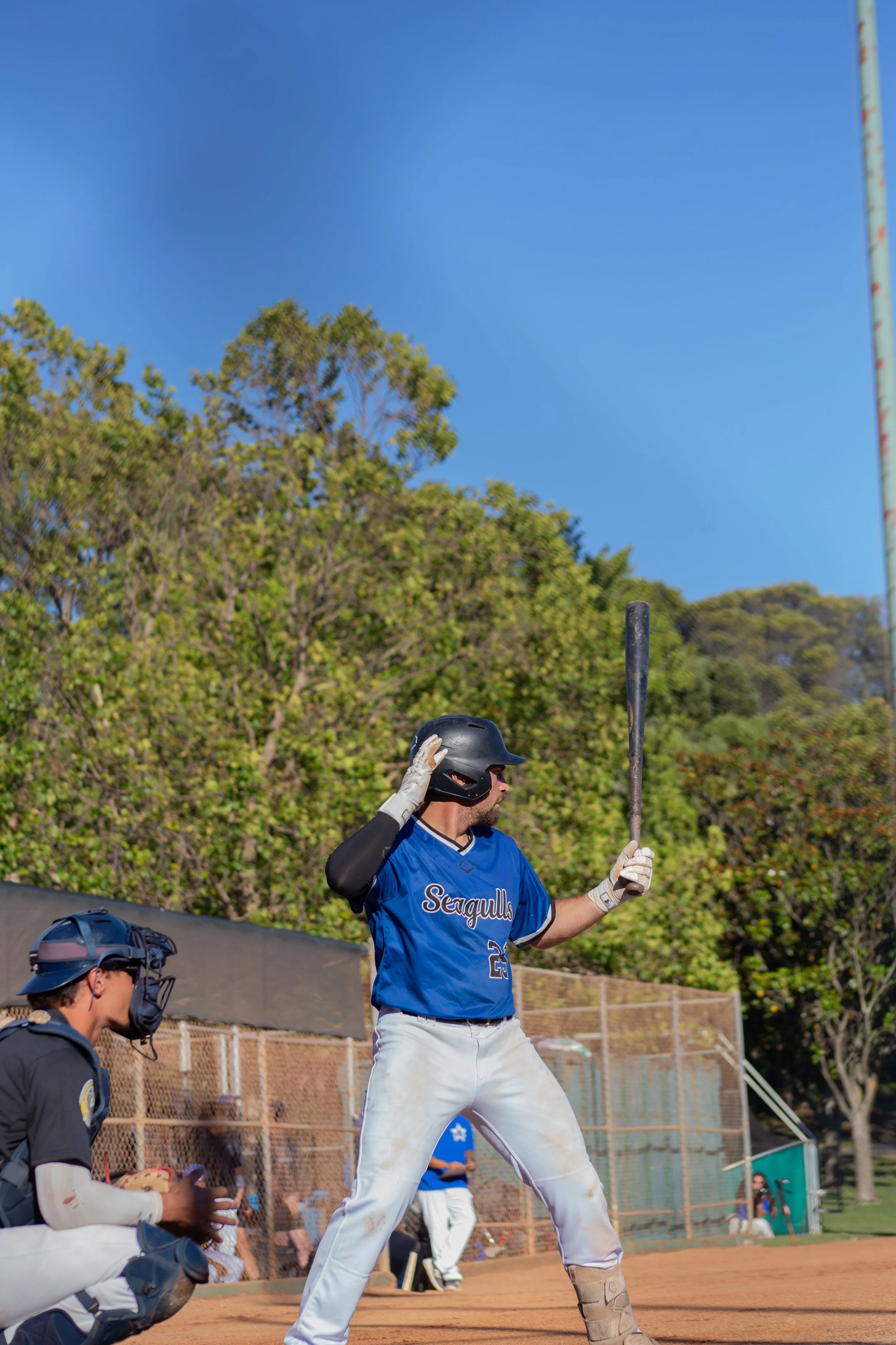 A baseball player in a blue jersey and white pants stands at bat on a baseball field, holding a bat with both hands, preparing to swing. The player is wearing a helmet, and other players, including a catcher in gear, are visible nearby. Trees and a c