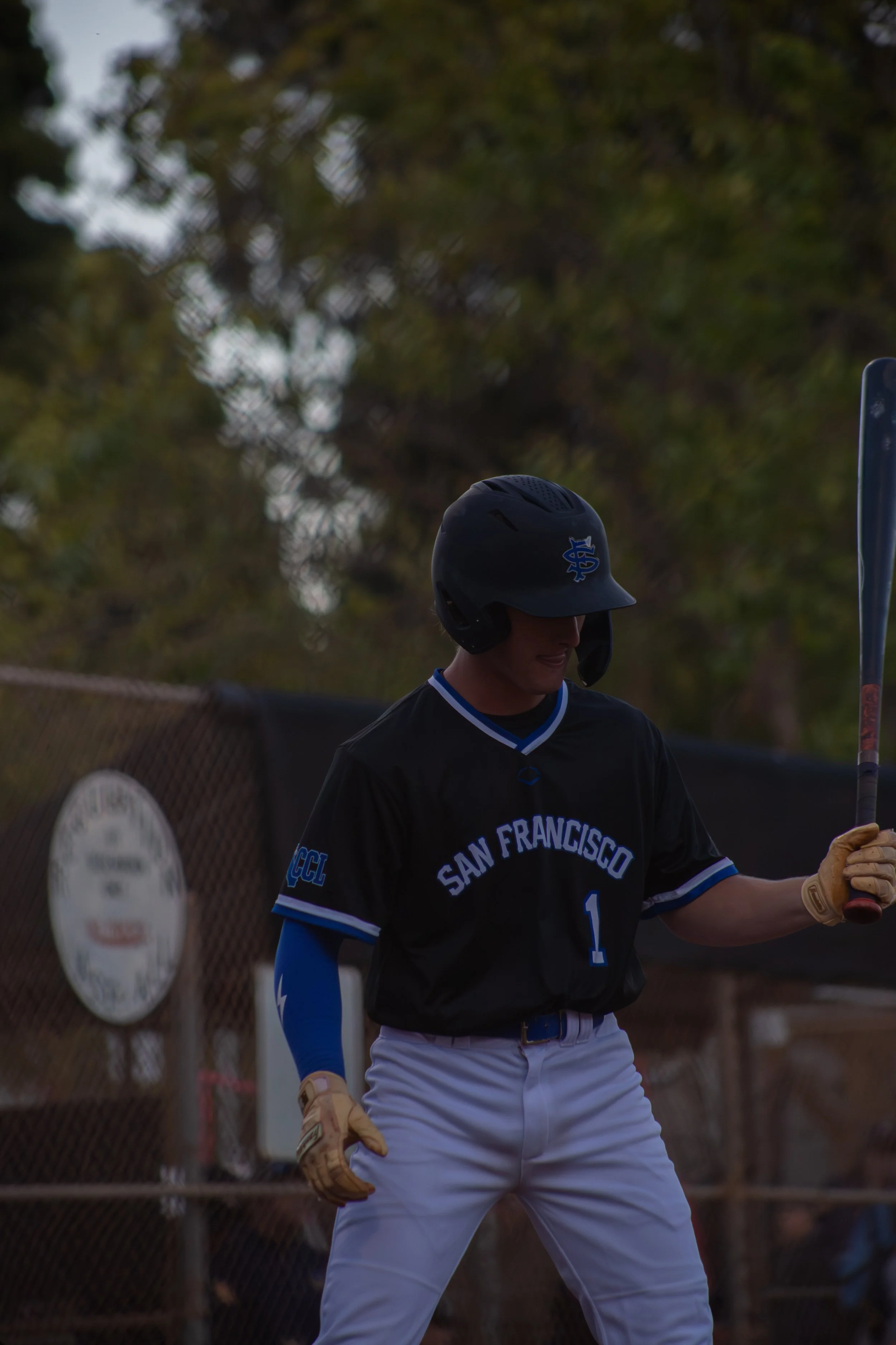 A baseball player wearing a black jersey with white pants and a blue sleeve on his right arm, holding a bat, standing outdoors with trees in the background.