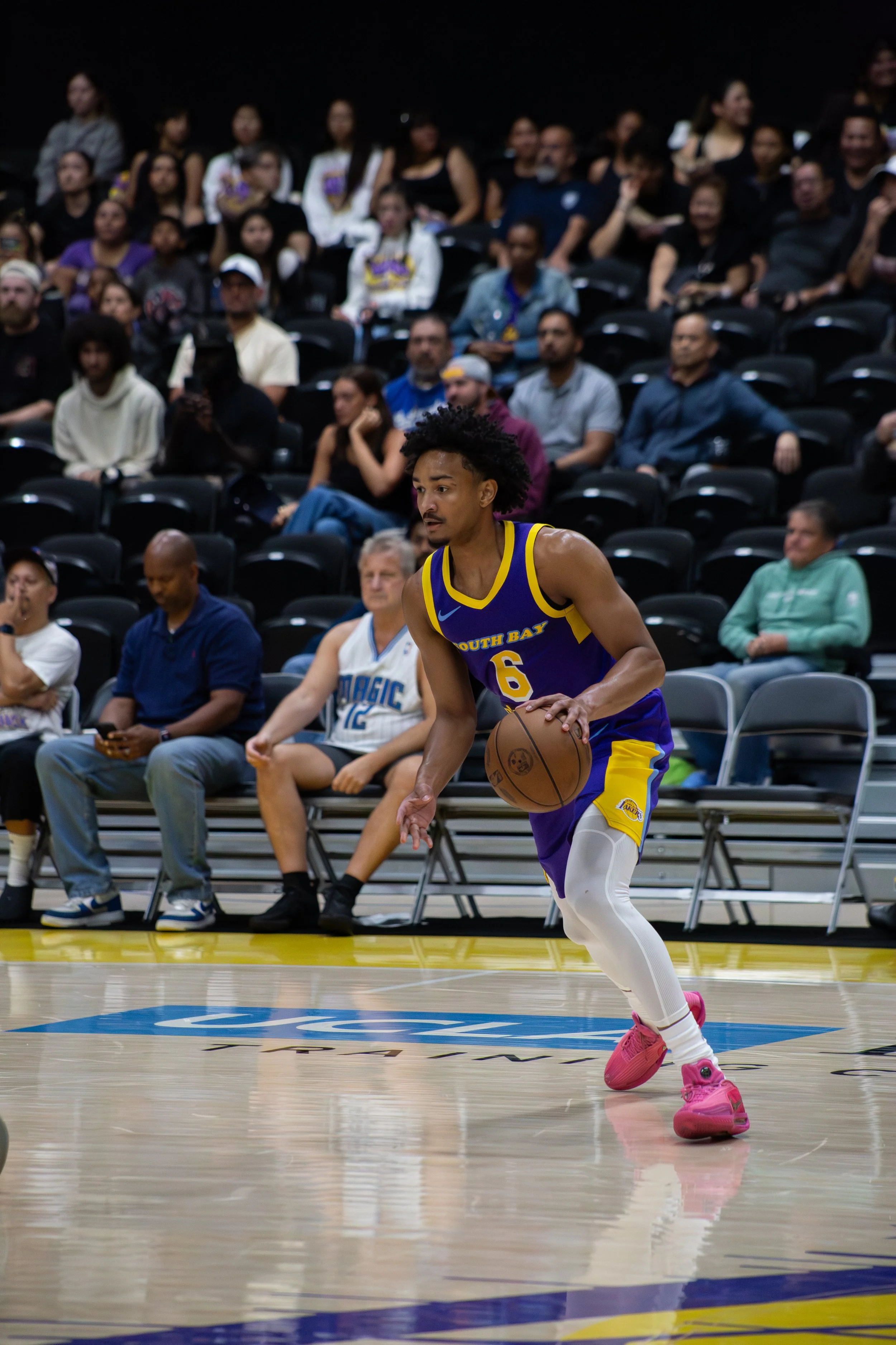 A basketball player wearing a Los Angeles Lakers jersey with the number 6 dribbling the ball on the court during a game, with spectators sitting in the background.