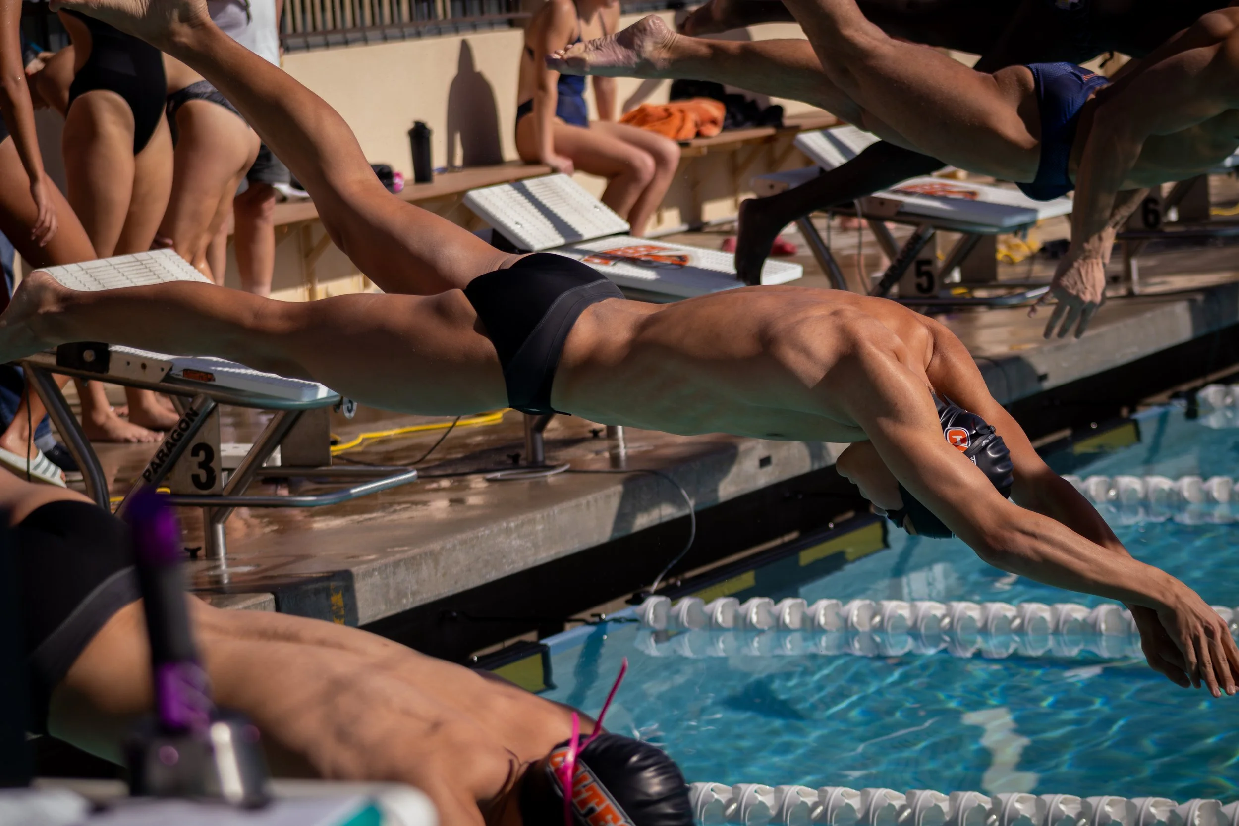 Swimmers diving into the pool from starting blocks during a competitive swim meet with people sitting on benches in the background.