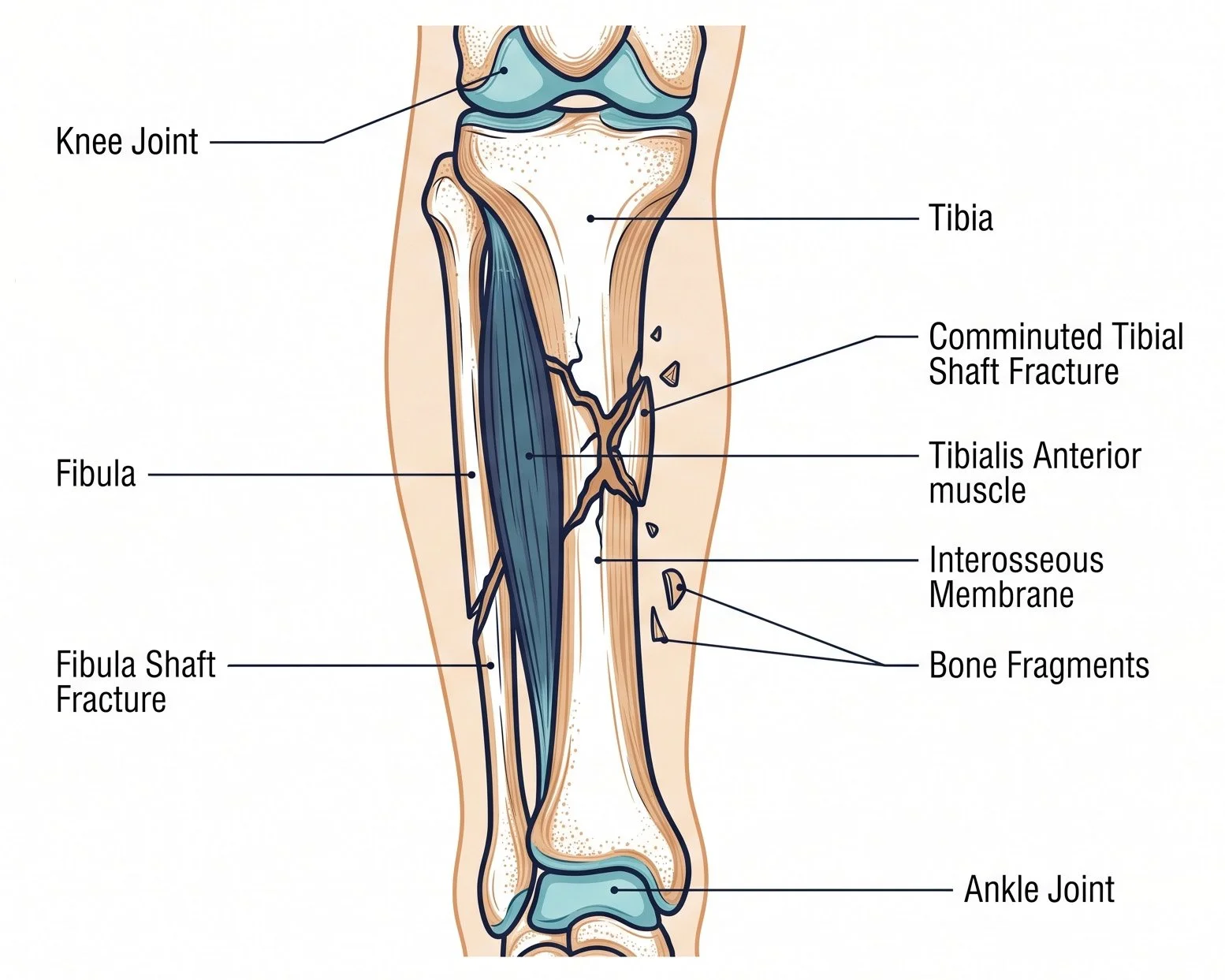 Ilustración del hueso de la pierna mostrando las articulaciones, músculos, huesos y fracturas, incluyendo articulación de la rodilla, tibia, peroné, fractura del eje tibial, músculo tibial anterior, membrana interósea, fragmentos óseos y articulación del tobillo.