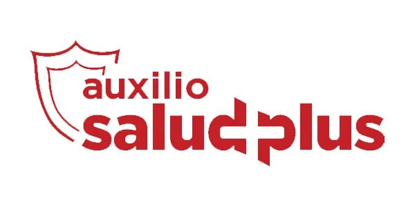 Logotipo con un escudo y el texto 'auxilio salud plus' en letras rojas.