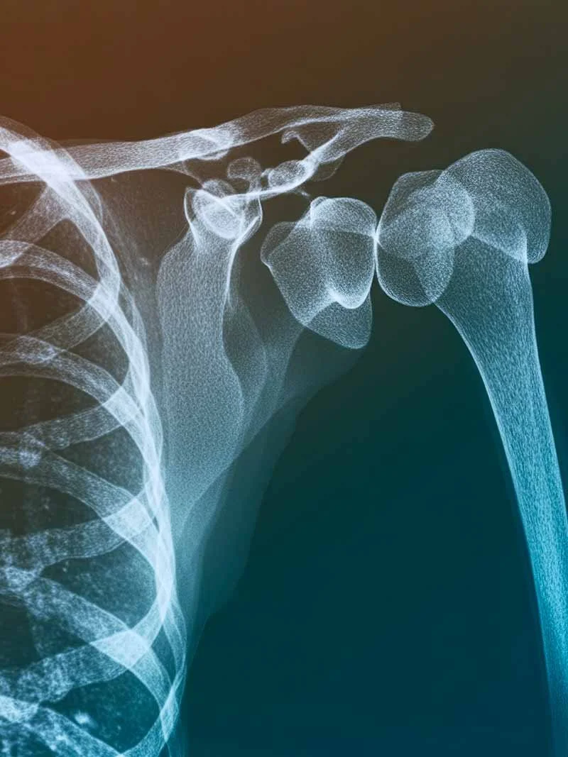 Radiografía de un hombro con fractura del húmero y desplazamiento de los huesos.