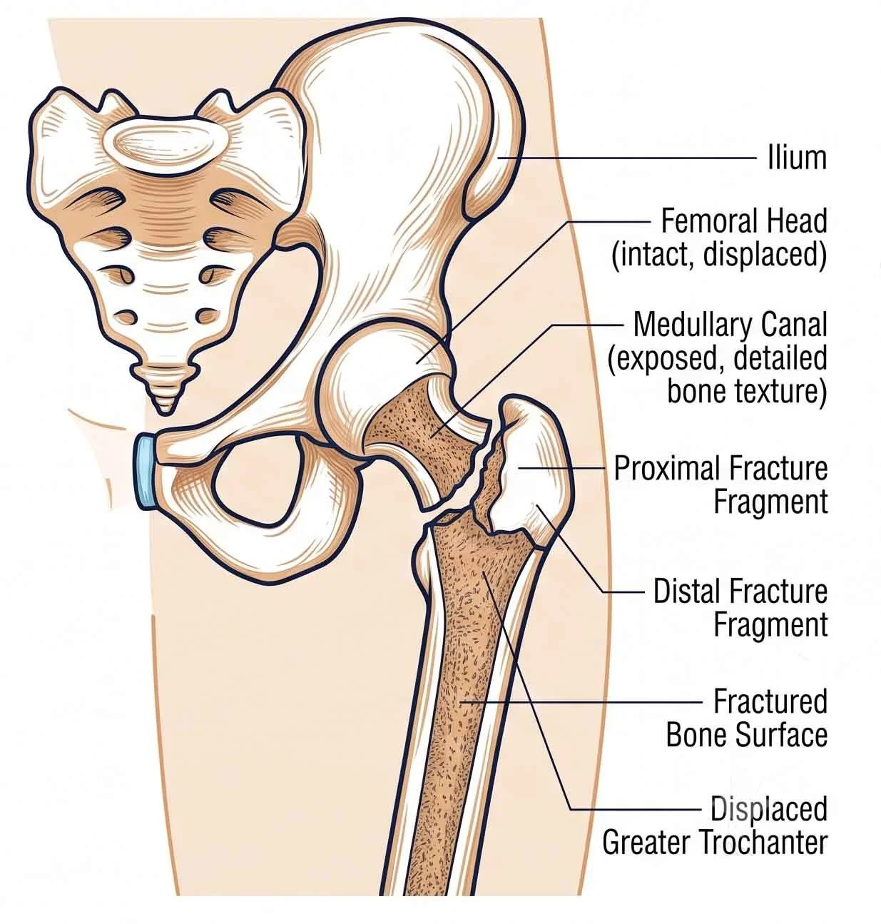 Ilustración anatómica de la pelvis y la pierna con etiquetas en inglés, mostrando el iliwm, cabeza femoral (íntacto, desplazado), canal medular (tejido óseo expuesto), fragmento de fractura proximal, fragmento de fractura distal, superficie ósea fracturada y trocánter mayor desplazado.
