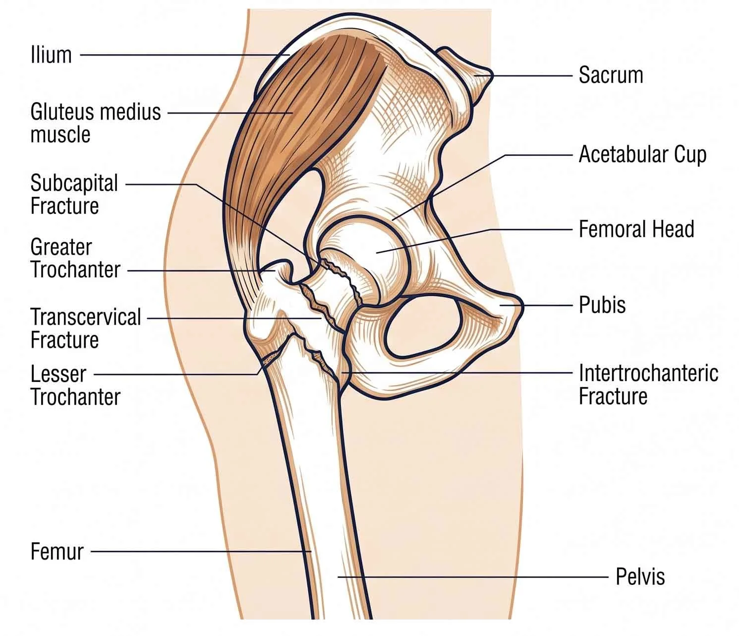 Ilustración anatómica de la pelvis y el muslo humano con etiquetas en inglés.