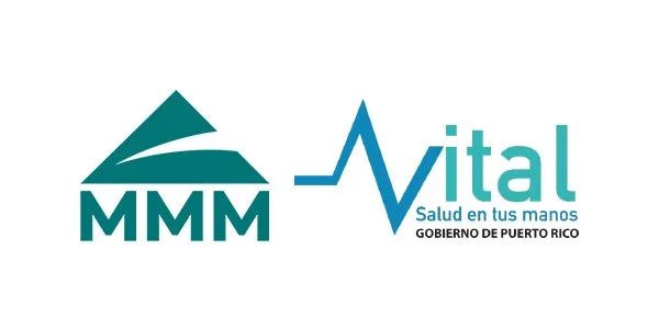 Logotipo del gobierno de Puerto Rico con las palabras 'Salud en tus manos' y 'MMM' en colores azul y verde.