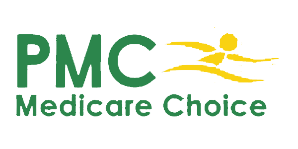 Logo de PMC Healthcare Choice con texto en verde y un símbolo amarillo de una figura humana corriendo.