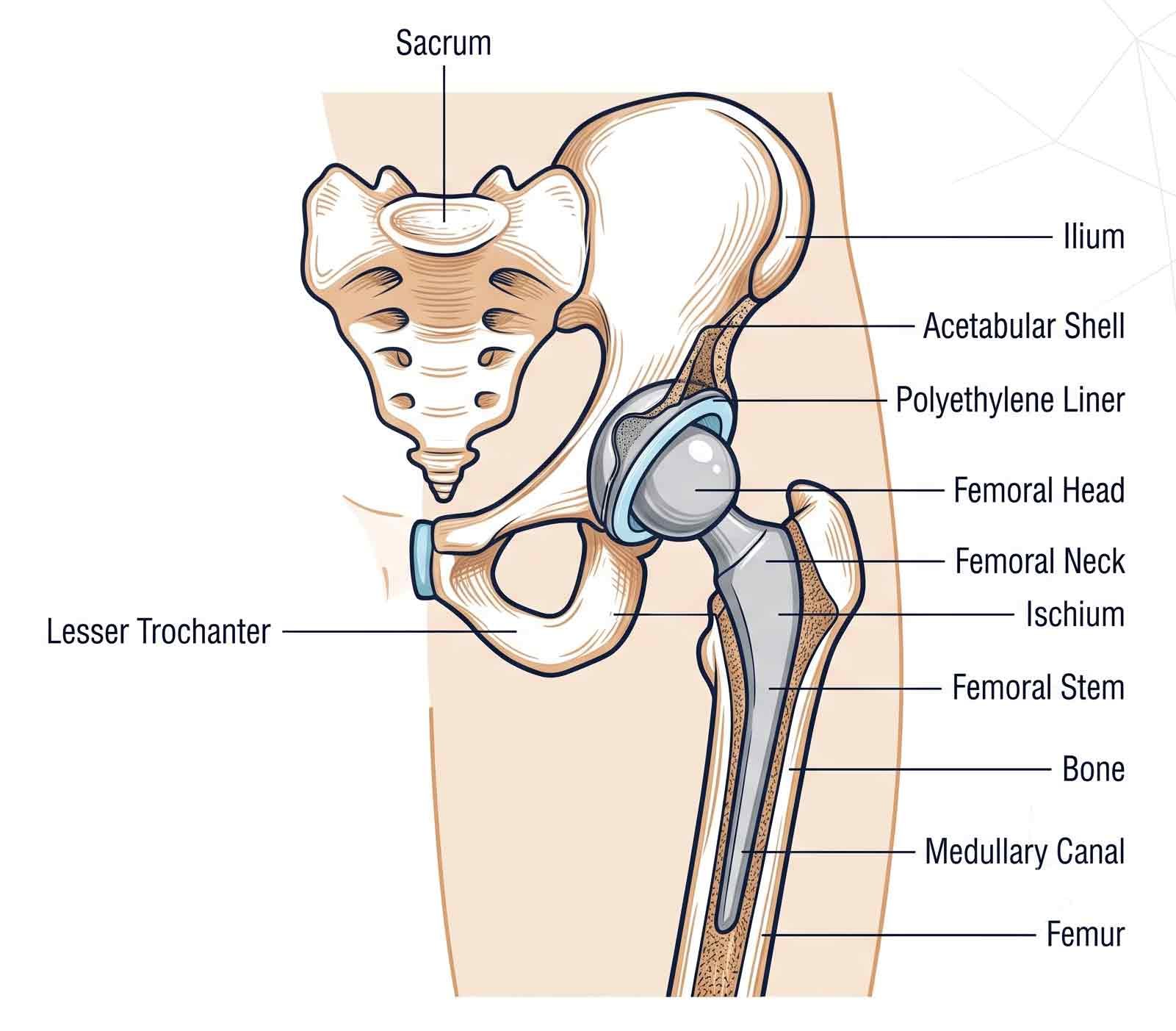Ilustración anatómica de la pelvis y la pierna mostrando huesos y partes como ilion, acetabular shell, polyethylene liner, femoral head, femoral neck, isquion, femoral stem, hueso y canal medular.