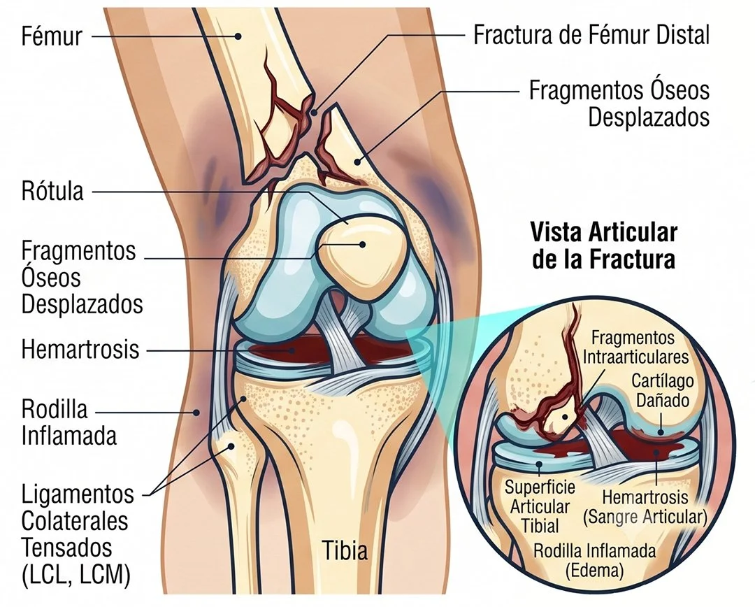 Ilustración de una rodilla con una fractura distal del fémur, mostrando fragmentos óseos desplazados, hemartrosis, inflamación de la rodilla, y ligamentos tensados. Incluye vista articular de la fractura con detalles de fragmentos intraarticulares, cartílago dañado, superficie articular tibial, hemartrosis, rodilla inflamada, y edema.