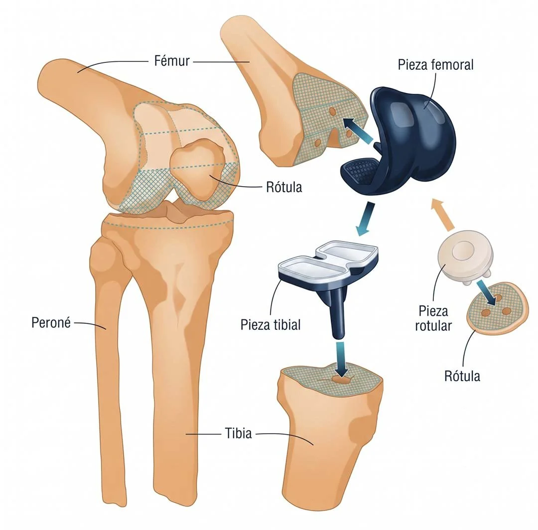 Diagrama de una prótesis de rodilla con sus componentes principales, incluyendo el fémur, rótula, peroné, tibia, pieza femoral, pieza tibial y pieza rotular, ilustrando el proceso de implantación.