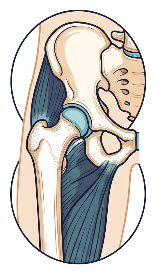 Ilustración médica del hueso de la cadera, el fémur, y articulaciones de la pelvis.