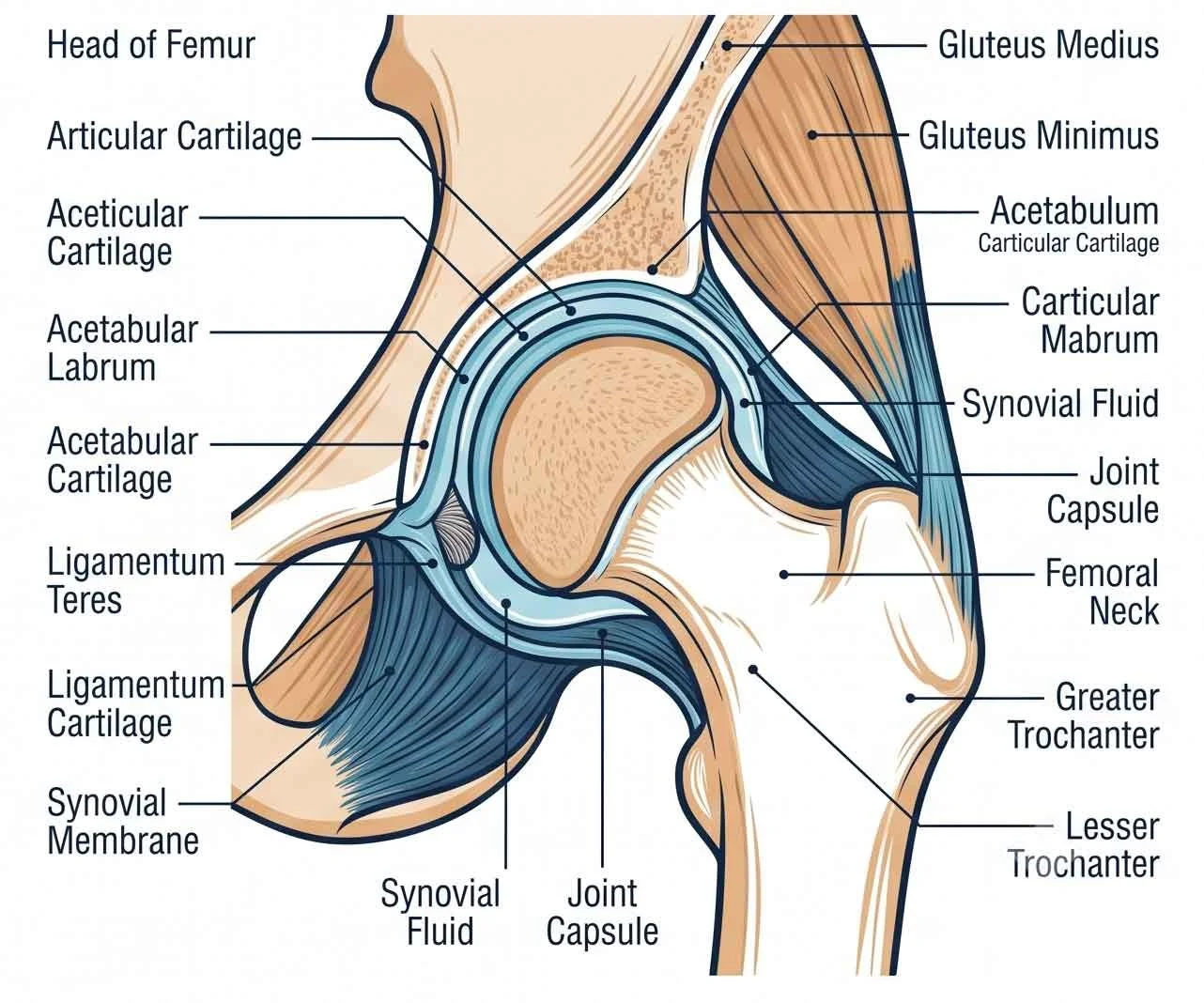 Diagrama anatómico de la articulación de la cadera, mostrando hueso del fémur, cartílago articular, líquido sinovial, cápsula articular, y músculos circundantes con sus etiquetas en inglés.