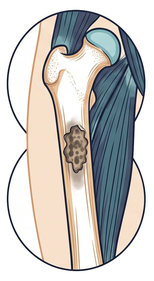 Ilustración que muestra una articulación de la cadera con inflamación en la zona del cartílago y hueso.