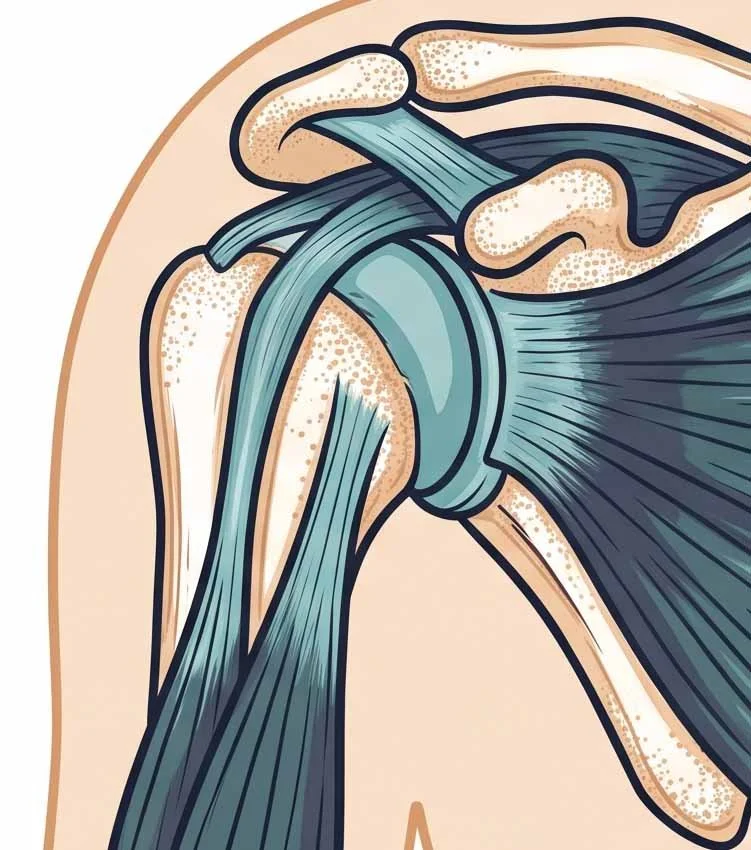 Ilustración técnica del hombro humano mostrando músculos, tendones y articulación.