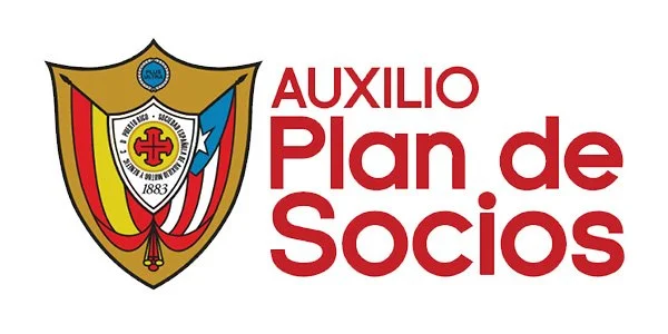 Escudo con texto 'AUXILIO PLAN DE SOCIOS' en letras rojas.