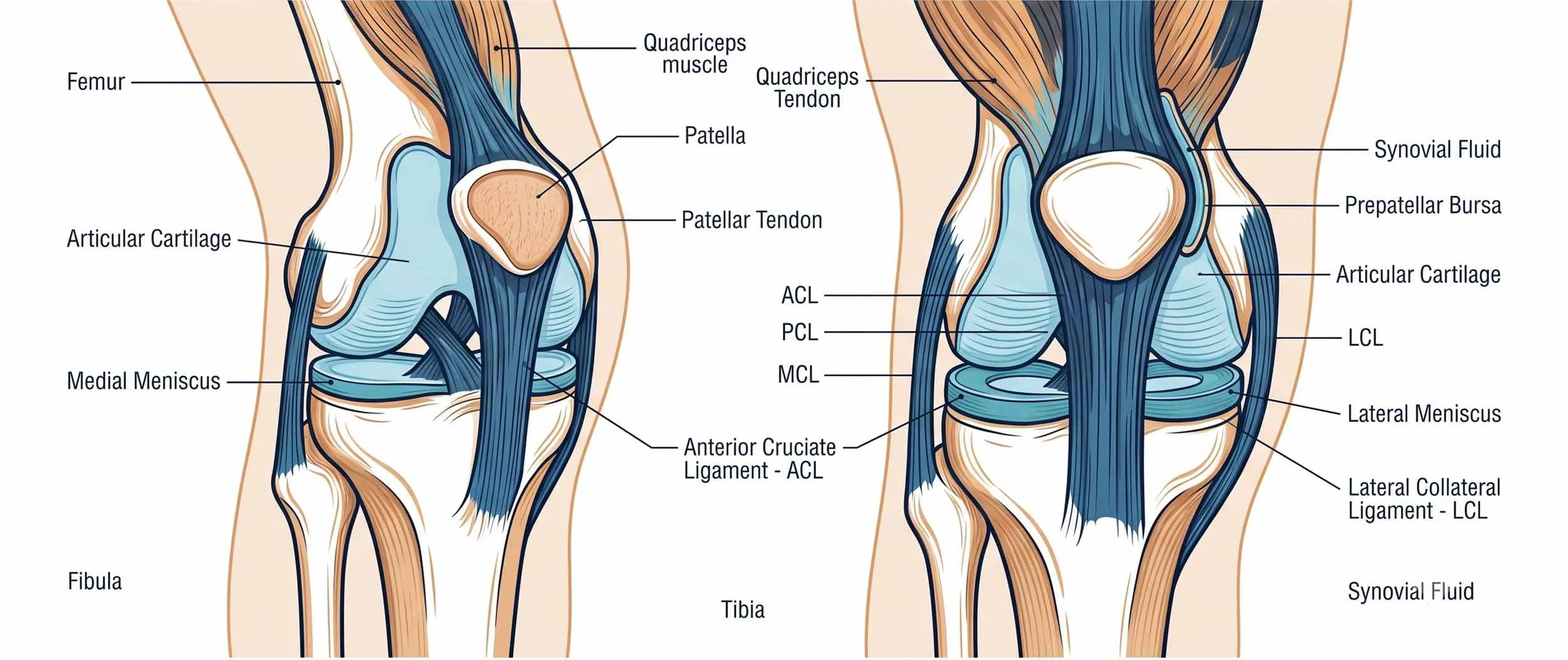Diagramas de la articulación de la rodilla en vista anterior y lateral, mostrando estructuras como el fémur, fibula, tibia, menisco medial y lateral, ligamentos ACL y LCL, y articulación de cartílago.