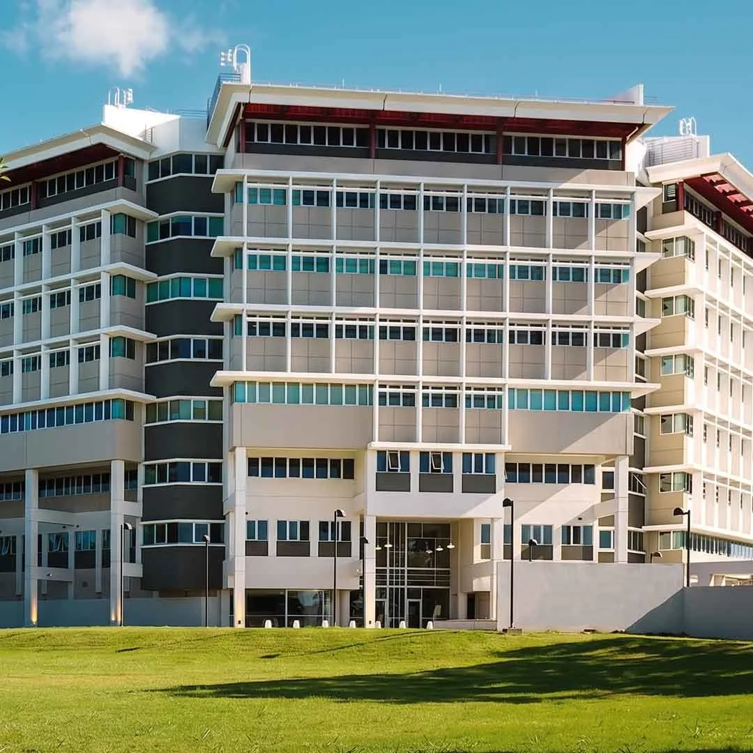 Edificio moderno de varios pisos con ventanas grandes y un césped verde en primer plano.