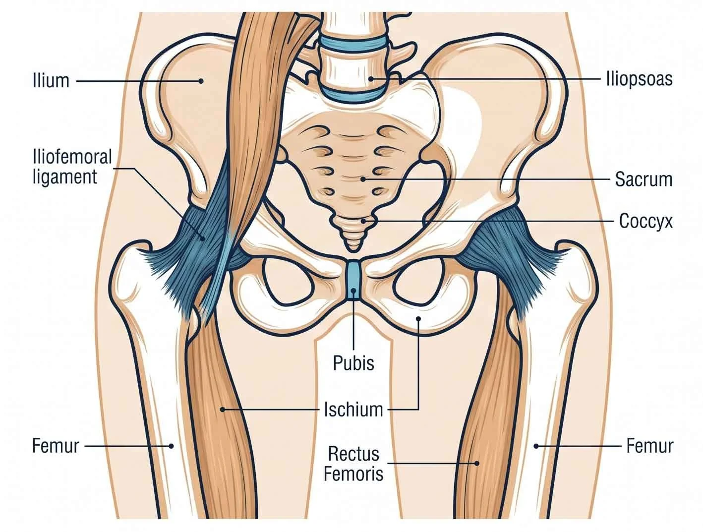 Diagrama del sistema óseo y muscular de la pelvis, mostrando huesos como ilion, ilíaco, sacro, cóccix, pubis, isquion, fémur y el recto femoral; además de ligamentos y músculos asociados.