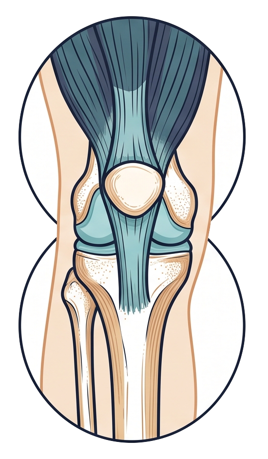 Ilustración de la articulación de la rodilla, mostrando huesos, ligamentos y meniscos.