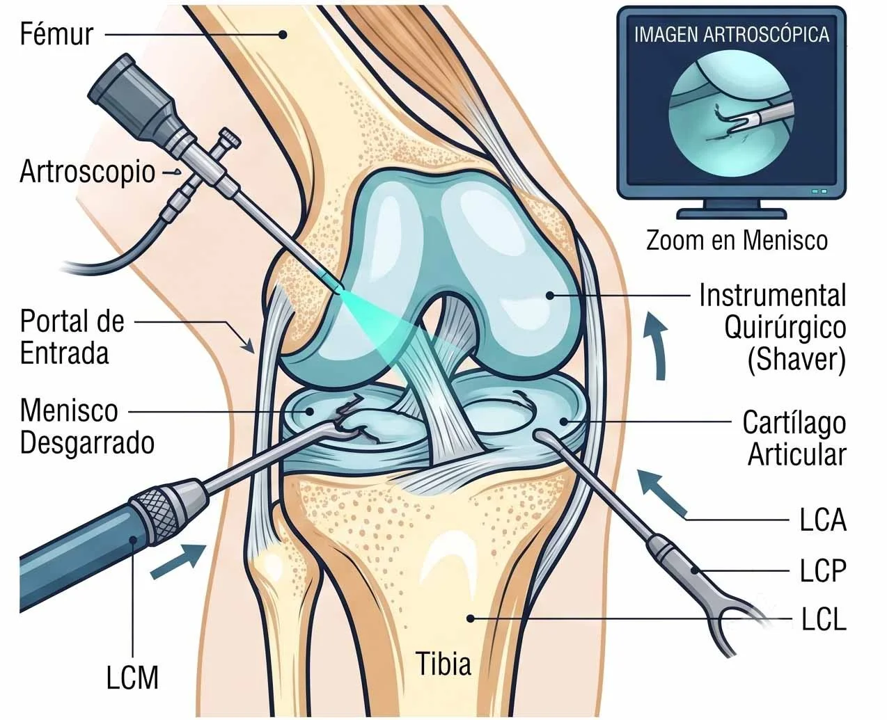 Diagrama anatómico de la rodilla mostrando un procedimiento de artroscopia con instrumentos médicos, como un artroscopio y un shaver surgical, en un entorno de zoom en menisco. Incluye etiquetas para los huesos fémur y tibia, cartílago articular, menisco desgarrado, y otros componentes relacionados.