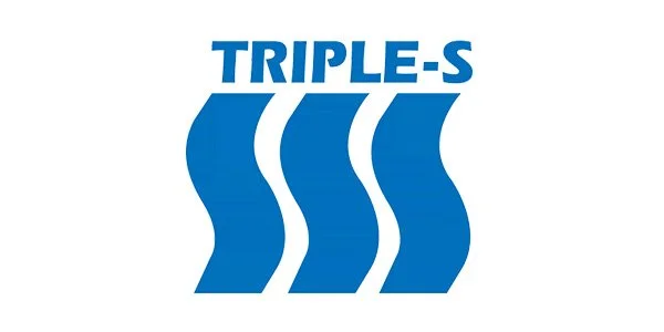 Logotipo con las palabras 'TRIPLE-S' en letras azules y tres líneas onduladas azules.