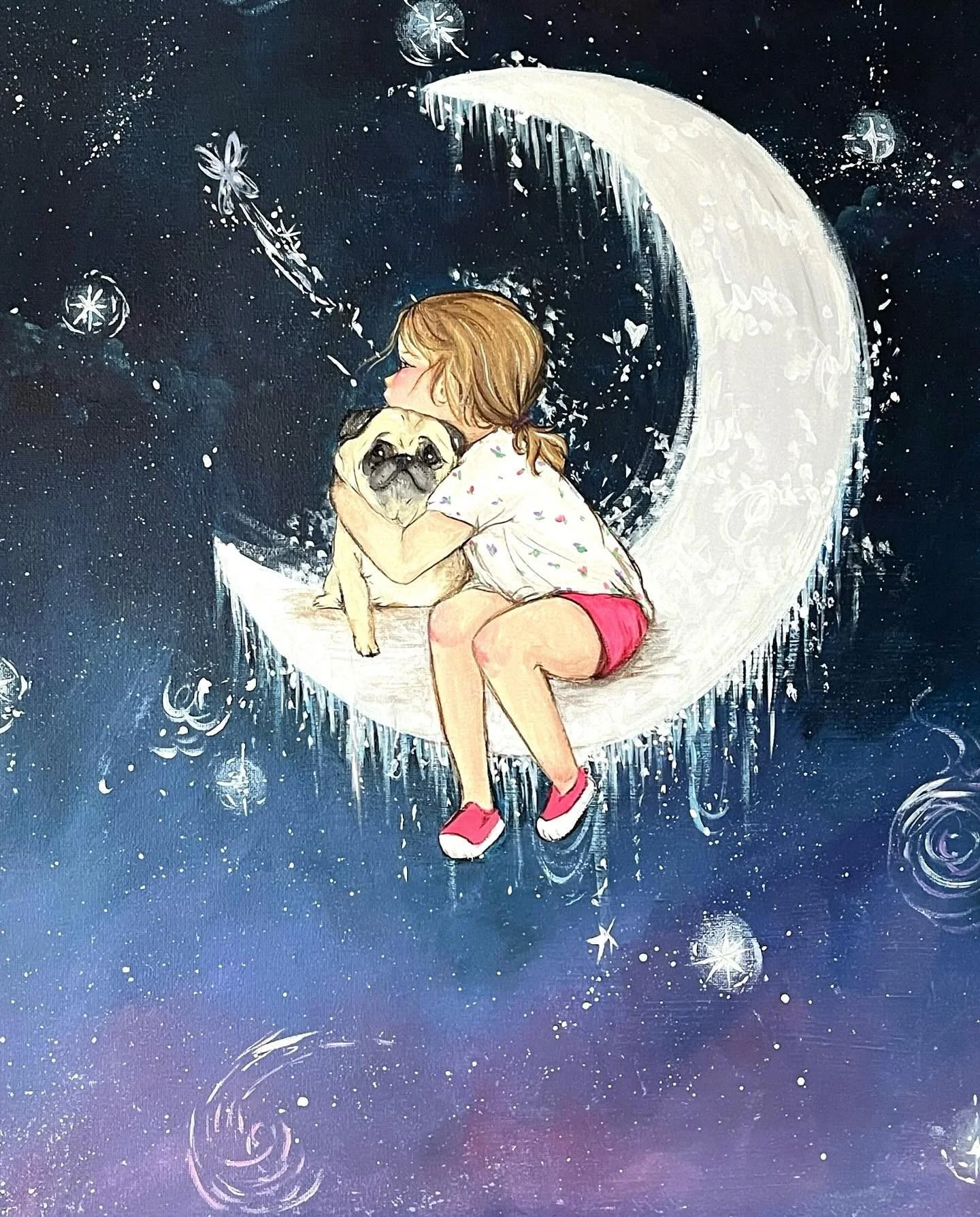 A girl with brown hair and pink shoes sitting on a crescent moon, hugging a pug dog, with a starry night sky in the background.