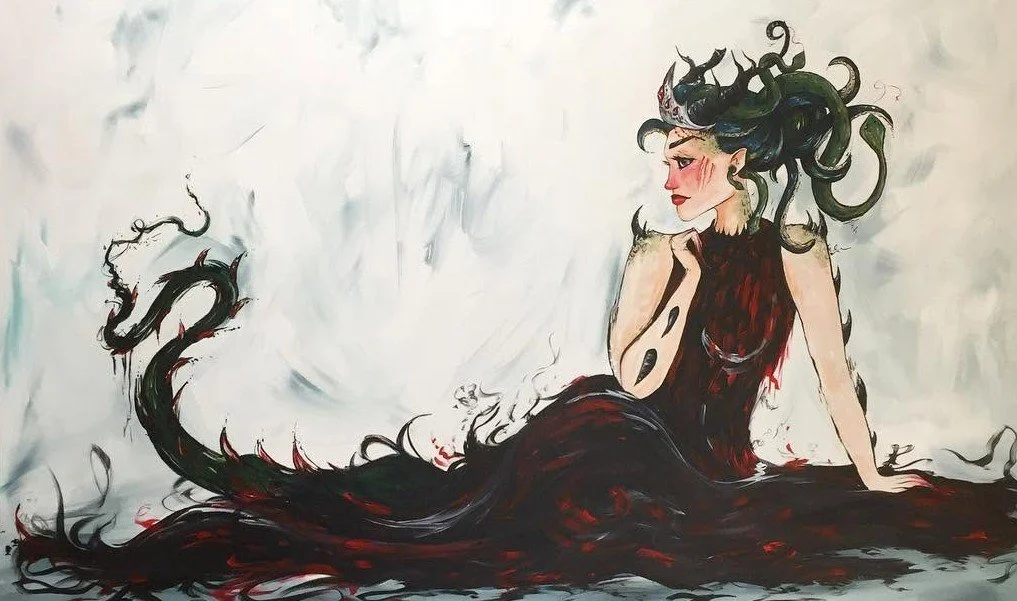 Cartoon illustration of a woman with a dragon-like tail, dark hair with tentacle-like curls, wearing a dark dress, sitting with her hand on her chin, against a white background.