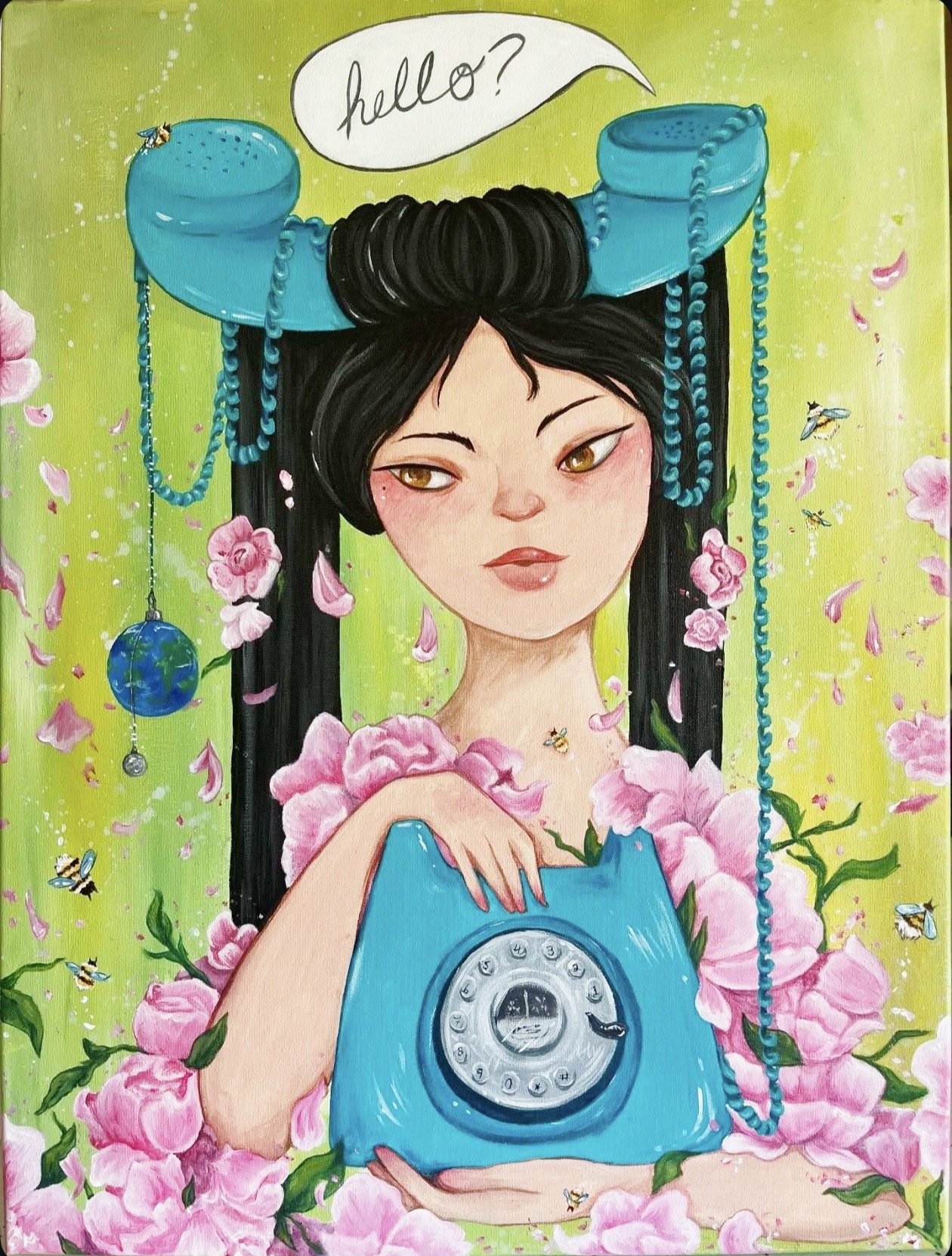 A painted portrait of a woman with black hair and brown eyes, holding a blue rotary phone, surrounded by pink flowers, with green background and bees. The woman has an earth and moon charm dangling, and a speech bubble above her head says 'hello?'.