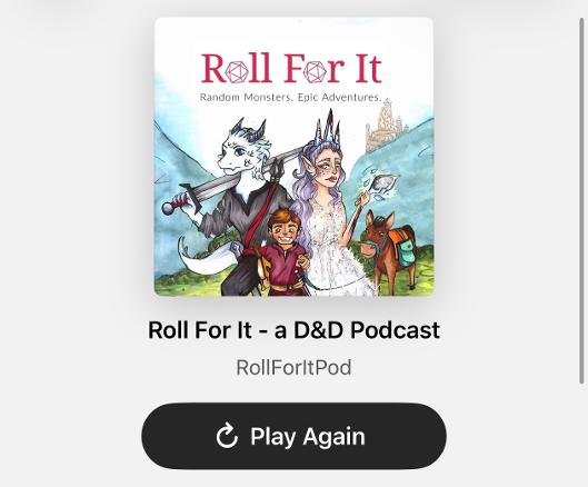 Podcast cover art for 'Roll For It - a D&D Podcast,' featuring illustrated characters including a dragonborn, a halfling, a sparkling elf with a mirror, and a donkey, set against a fantasy landscape.