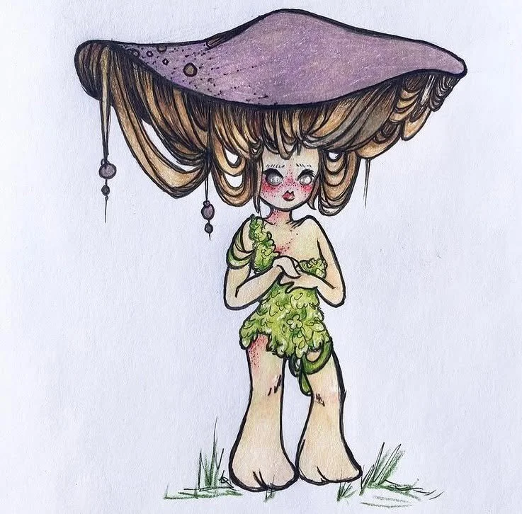 A whimsical mushroom sprite girl with a large purple mushroom cap, green leafy dress, and long bare feet, standing on grass. The gills of the mushroom are her hair