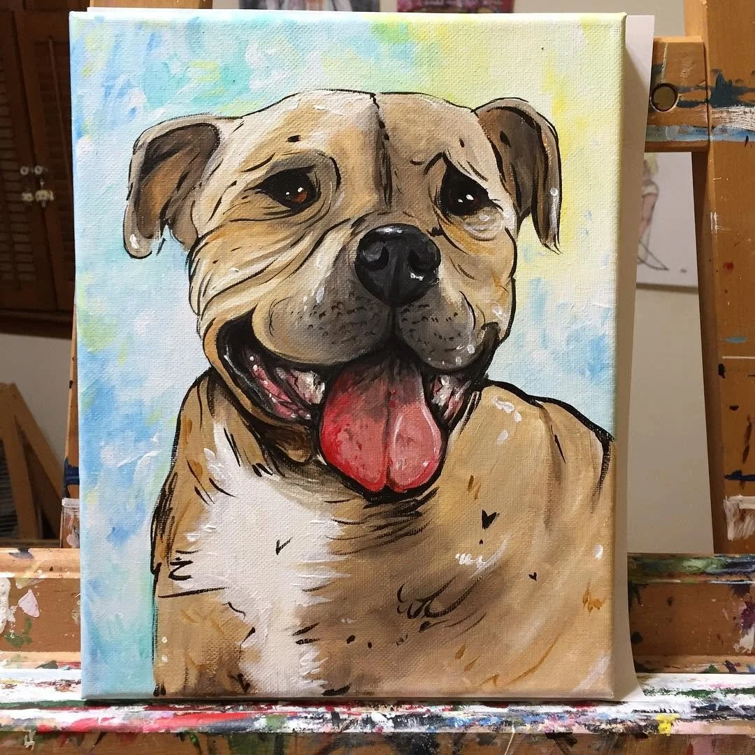 Painting of a happy pit bull dog with brown fur, black nose, pink tongue hanging out, and expressive eyes, on a colorful background.