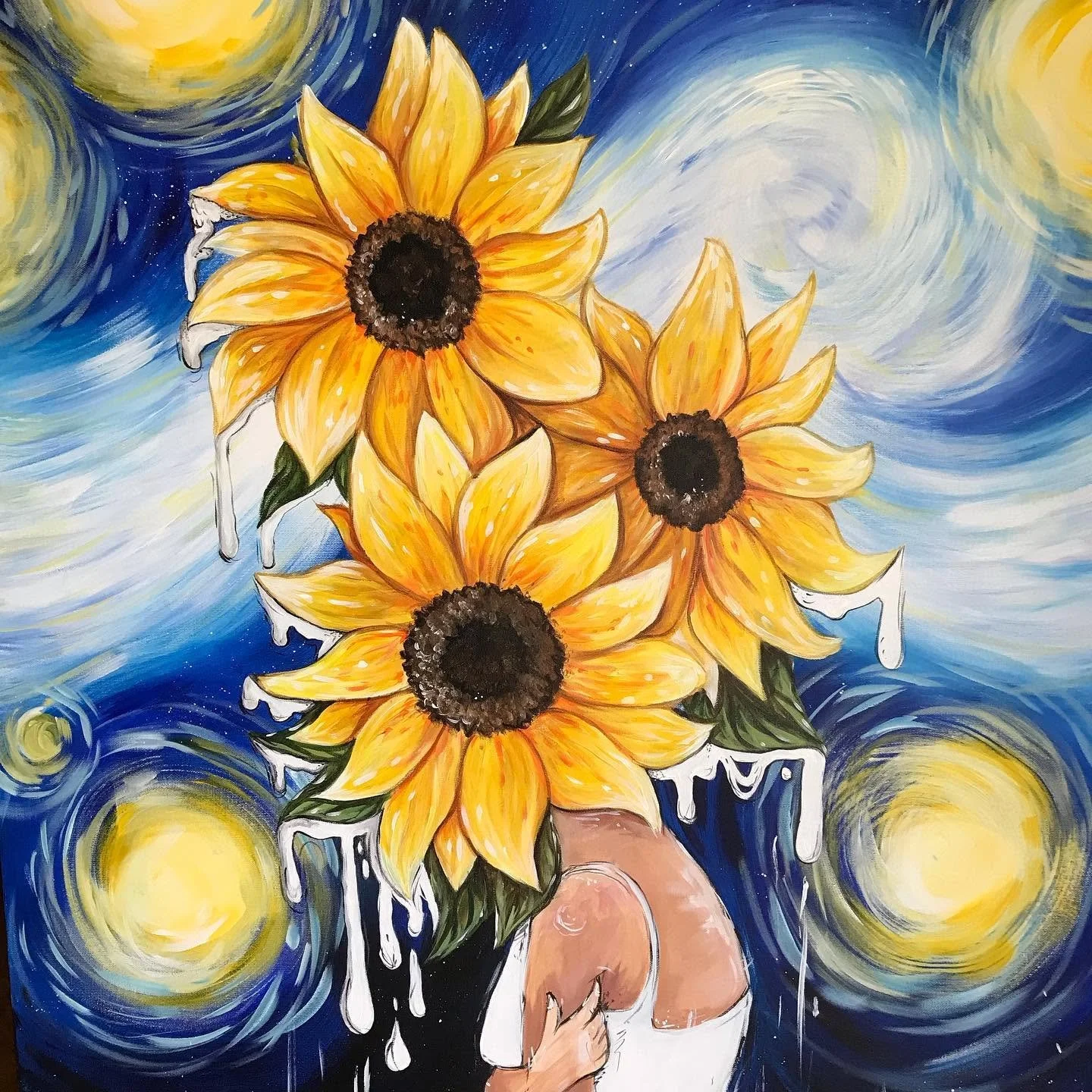 A painting inspired by Vincent van Gogh's Starry Night depicting three large sunflowers in place of a woman's head with dripping paint against a swirling starry sky background.