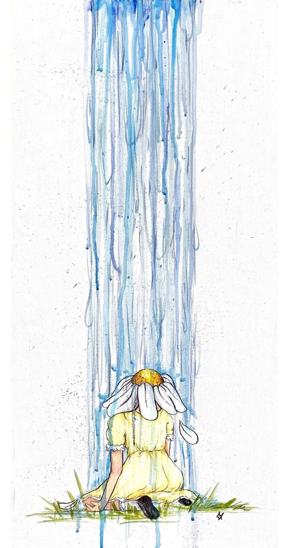 A painting of a girl with a flower petal head, kneeling on grass, with a stream of water falling from the sky.