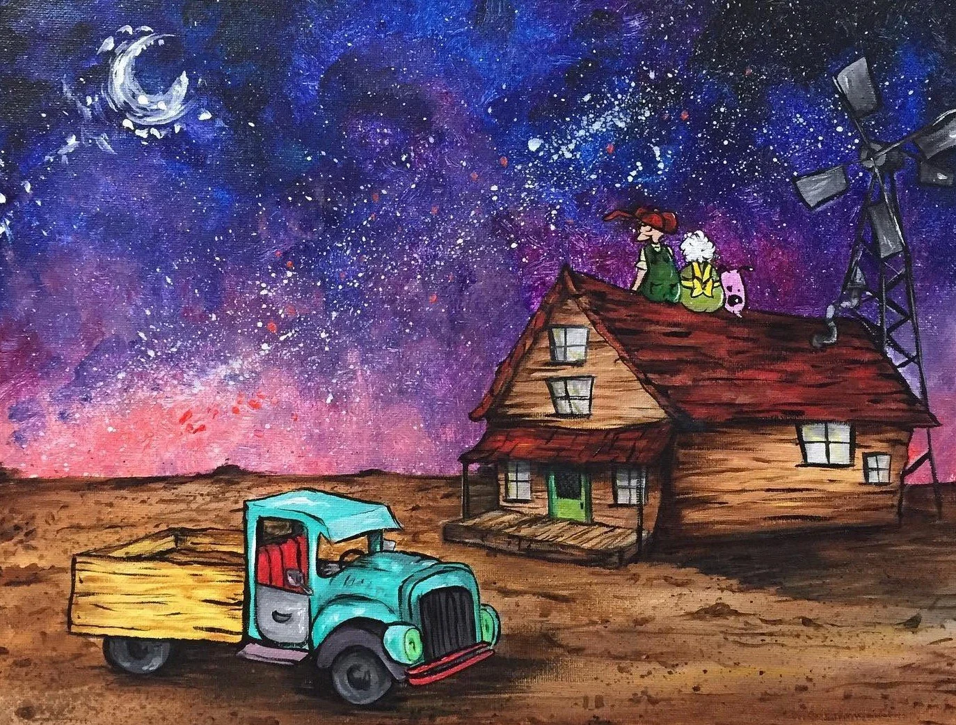 Hand-drawn scene of a starry night sky with a crescent moon, with a rustic wooden house, a blue truck carrying wooden planks, and three characters sitting on the roof of the house.