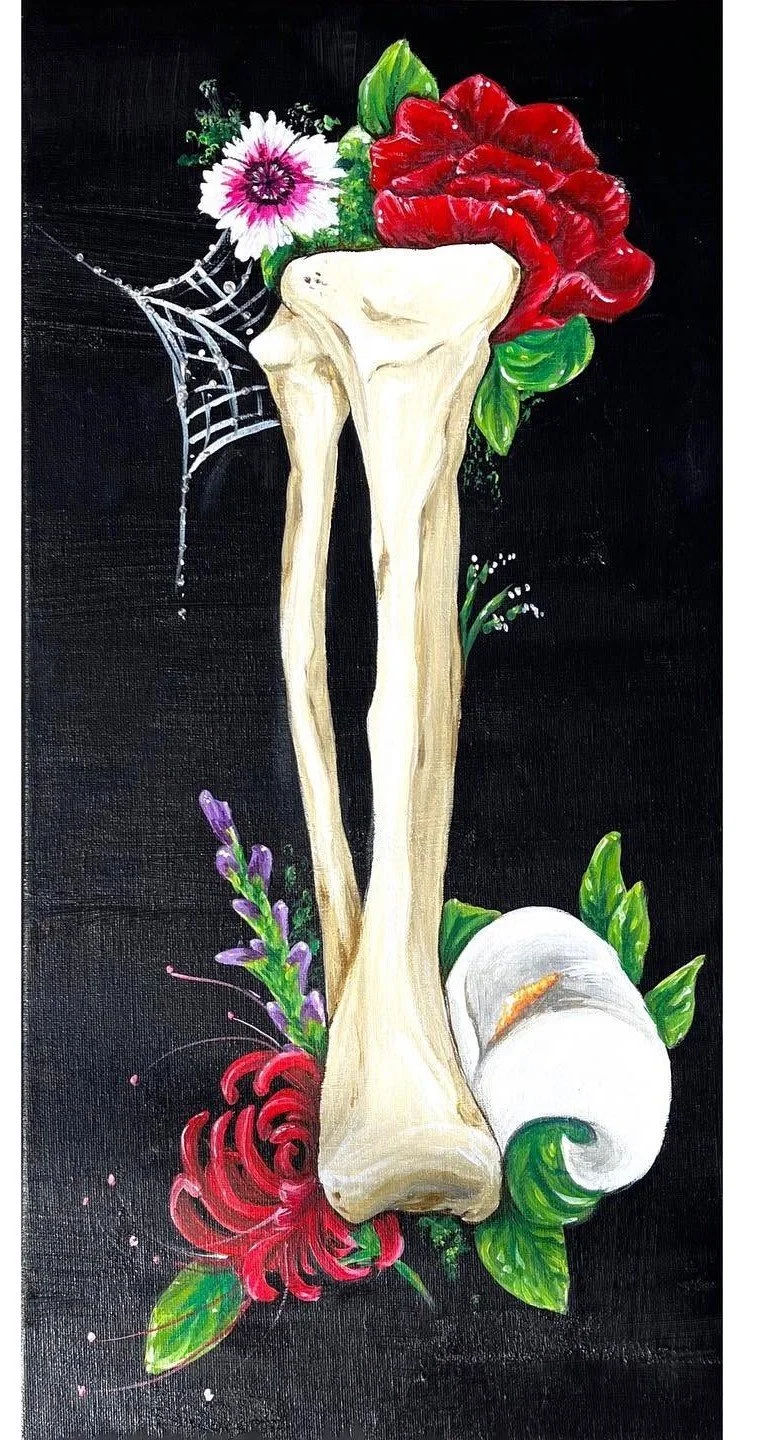 A painting of a femur bone surrounded by colorful flowers and greenery, with a spider web on the upper left side.