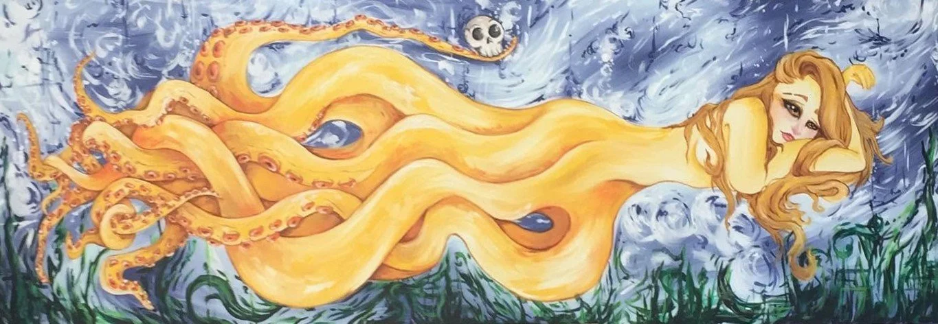 A mural of an octopus mermaid and long hair, resting on seaweed and against a blue and white bubble background.