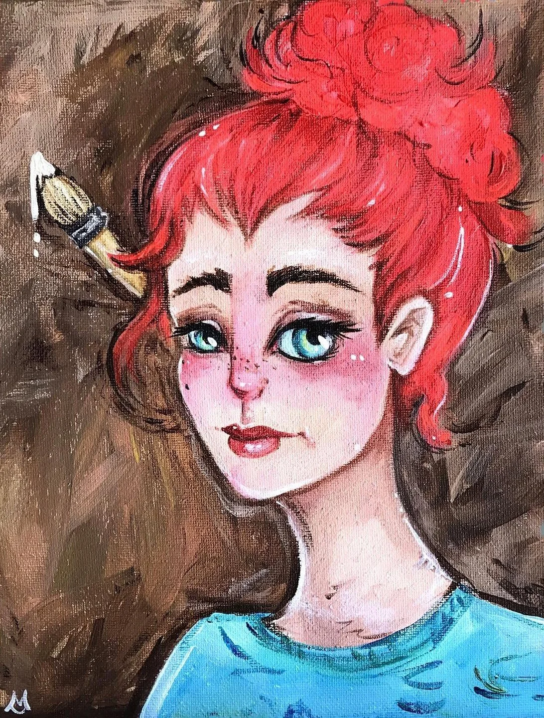 A colorful painting of a young woman with red hair tied in a messy bun, bright blue eyes, freckles, and wearing a blue shirt. There is a paintbrush behind her ear.