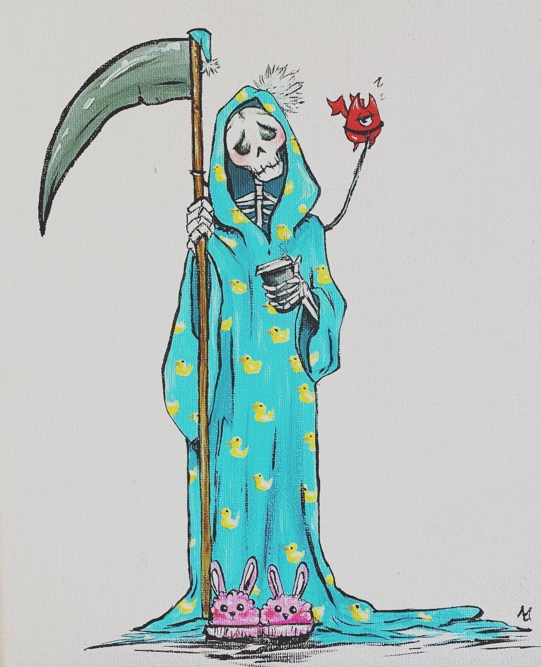 A skeleton dressed in a blue duck-patterned onesie and bunny slippers, holding a coffee cup and a scythe, with a small red demon floating nearby