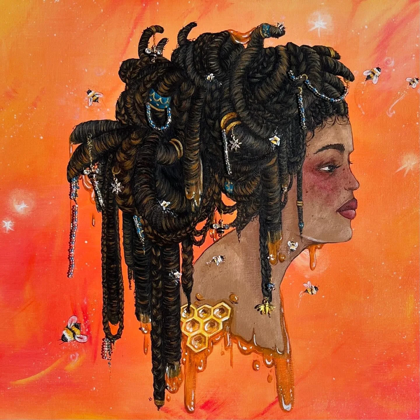 Painting of a woman with dark dread locked hair decorated with jewelry and stars, set against an orange background with bees and honeycomb details.