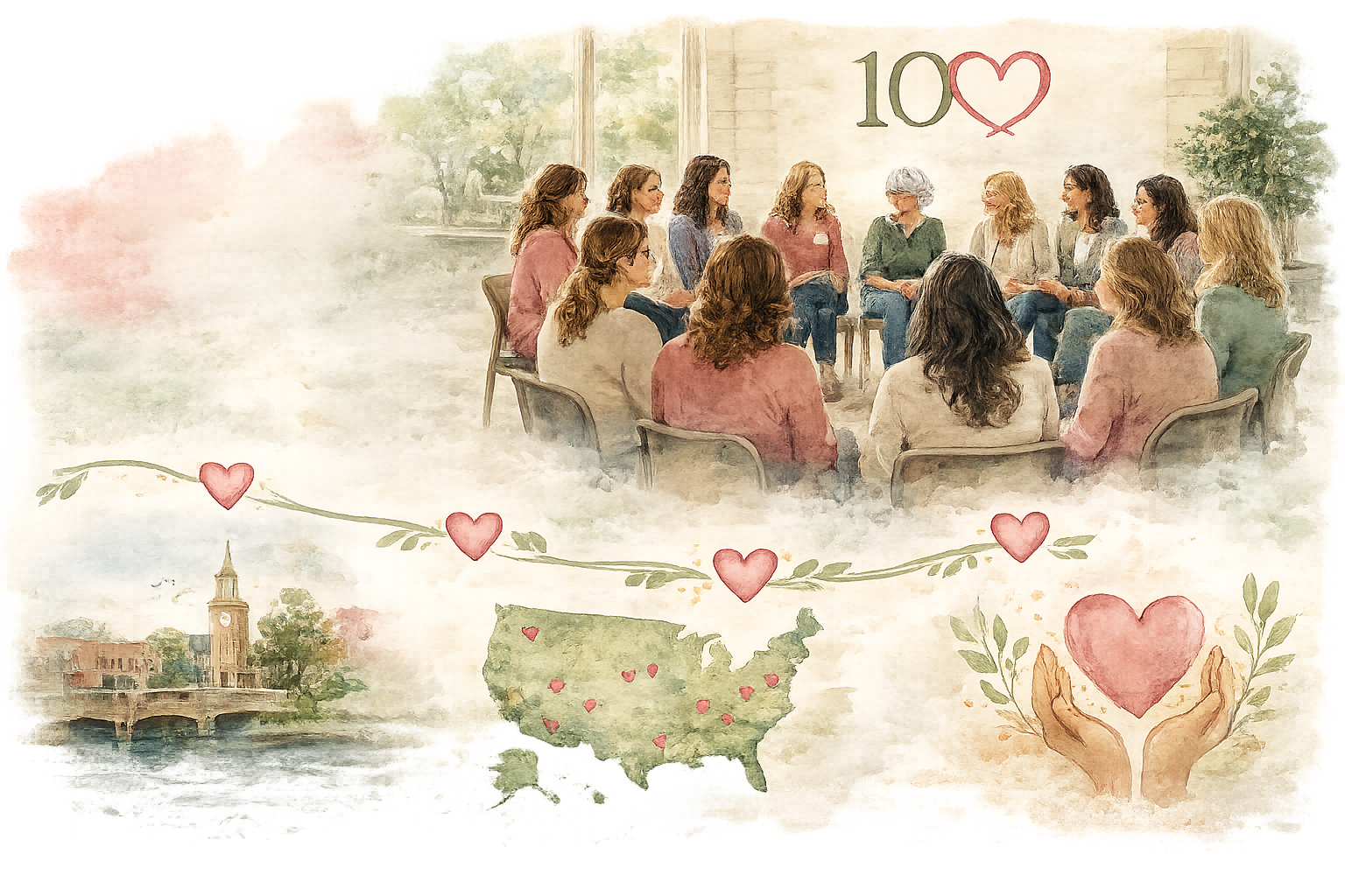 A watercolor illustration of a group of women sitting in a circle, participating in a discussion, with a large '100' and a heart symbol on the wall behind them. The foreground features a decorative border with hearts, a map of the United States with hearts indicating certain locations, a clock tower, and a pair of hands holding a heart surrounded by leaves.